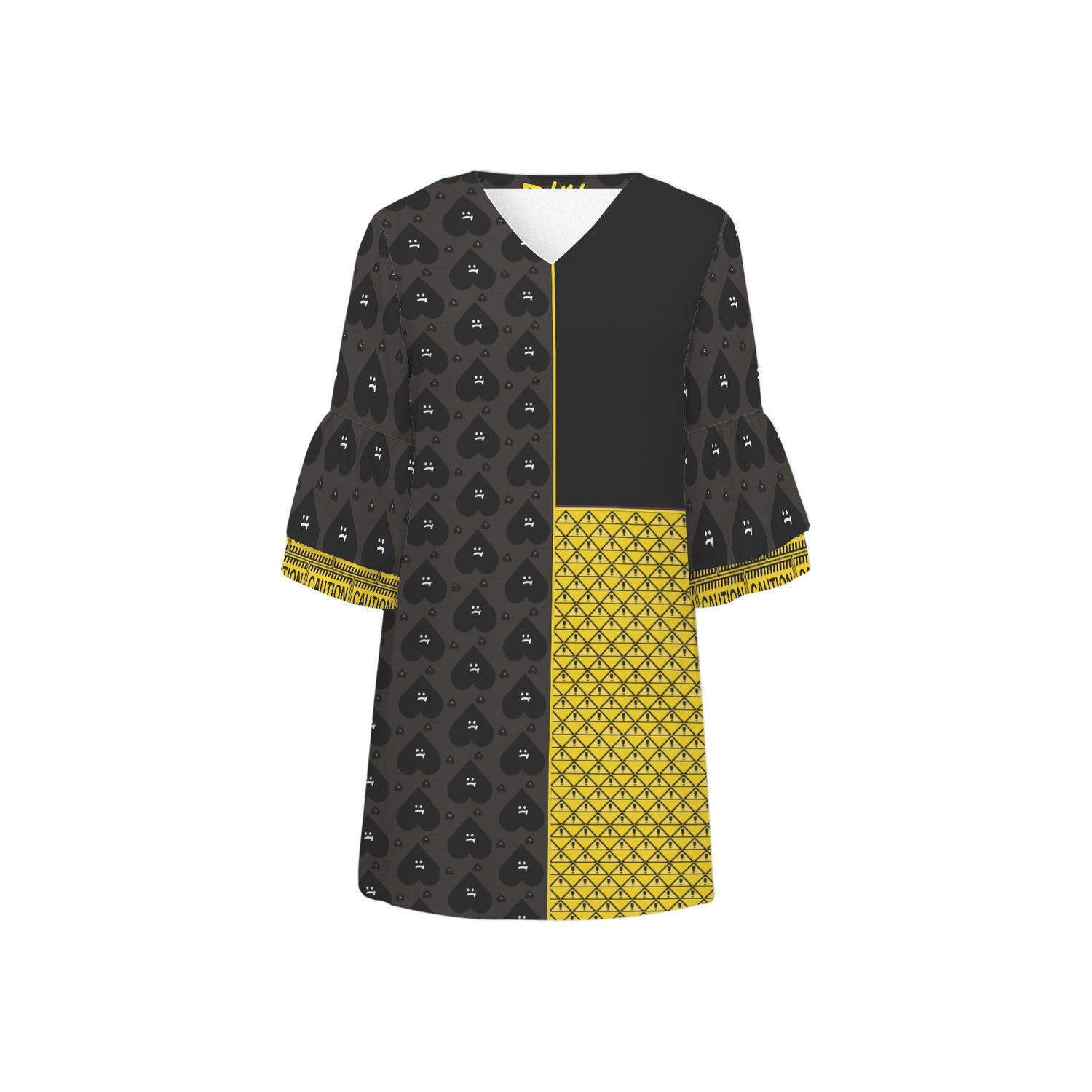 Caution Yellow Black Triangles 3/4 Sleeve Dress Hearts