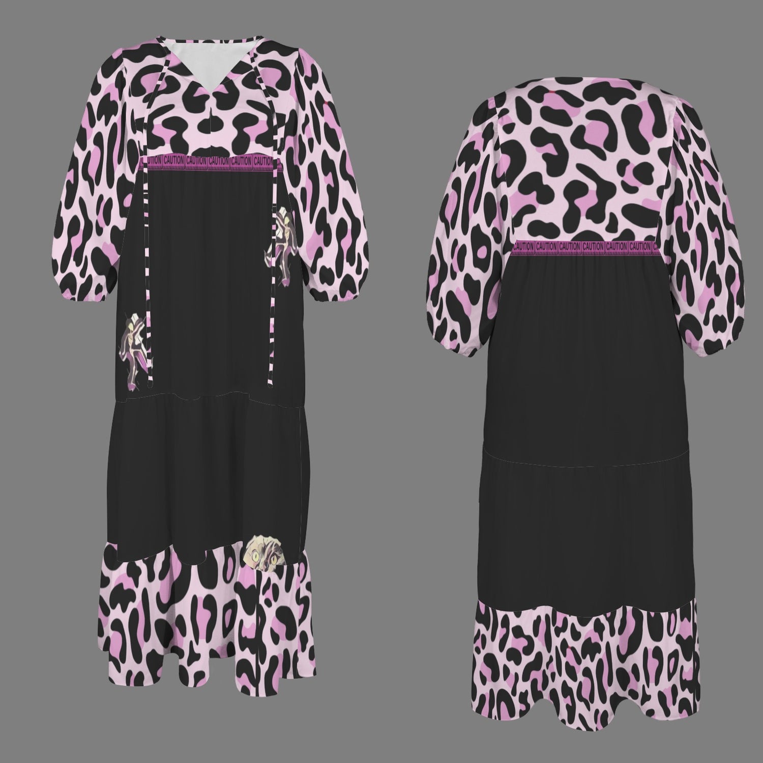 Caution Jimmy Cat Long Dress Leopard Black Pink