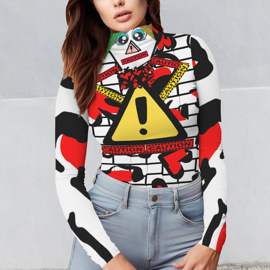 CAUTION Long Sleeve Turtleneck Shirt White Black Hearts V2