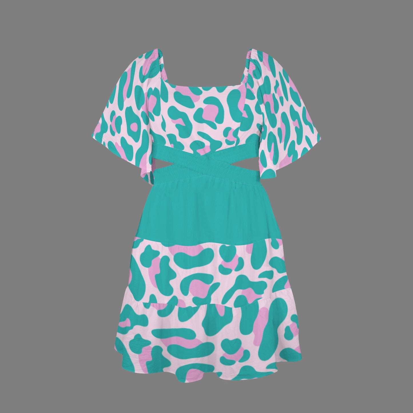Cross Waist Dress Leopard Torquoise Pink