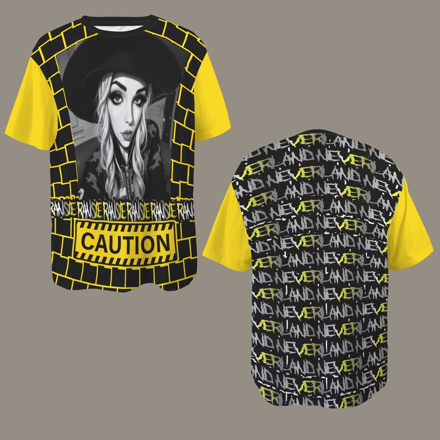 RANSIE CARTOON B/W CAUTION T-SHIRT - YELLOW SLEEVE