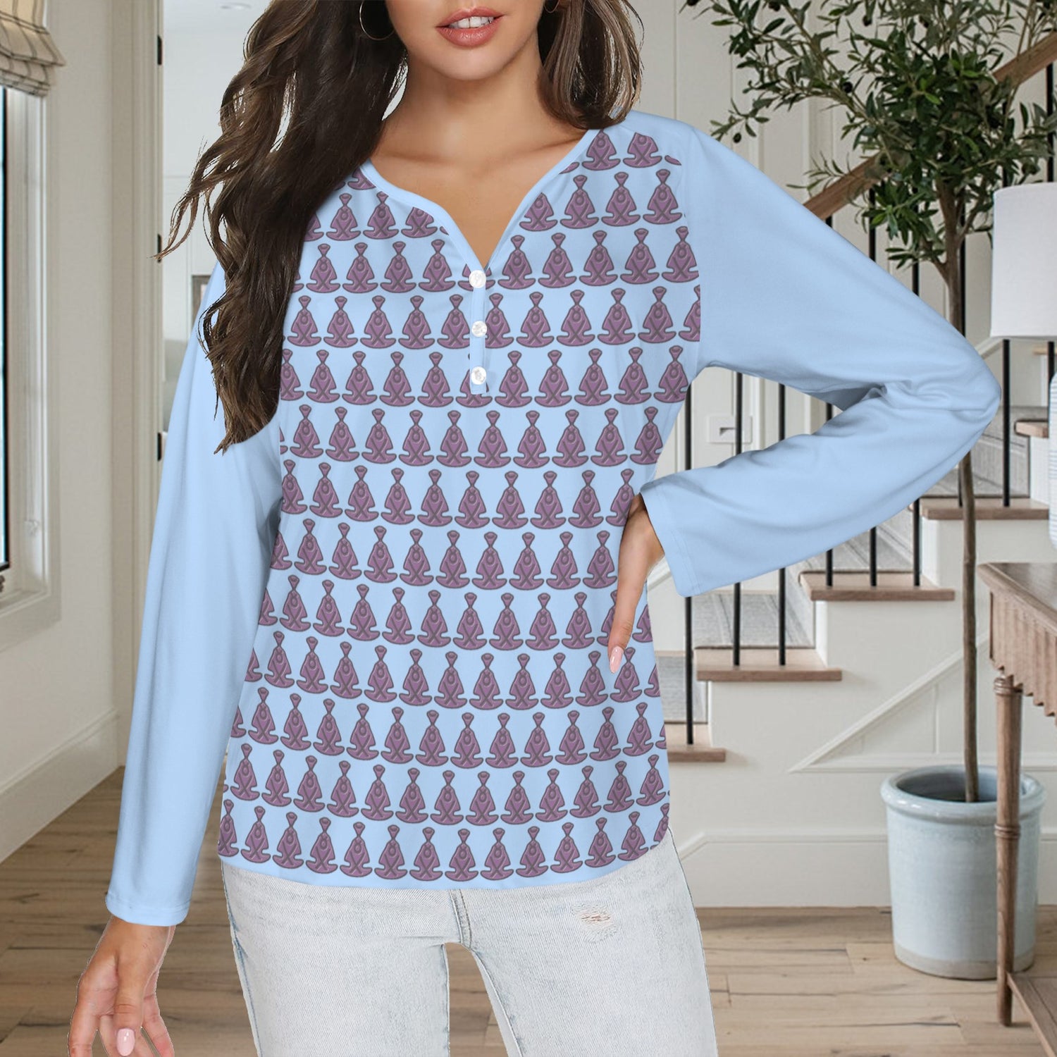 Buddha Pattern Long Sleeve Shirt Button Aziel