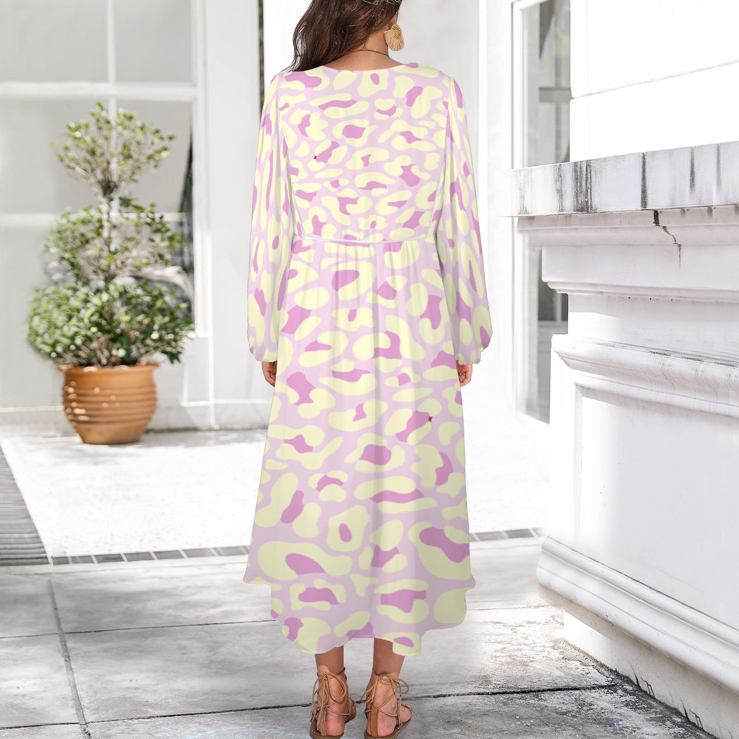 Light Yellow Pink Leopard Long Dress