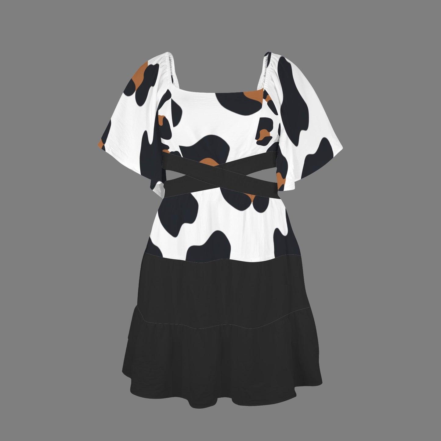 Cross Waist Dress Leopard Black White Brown