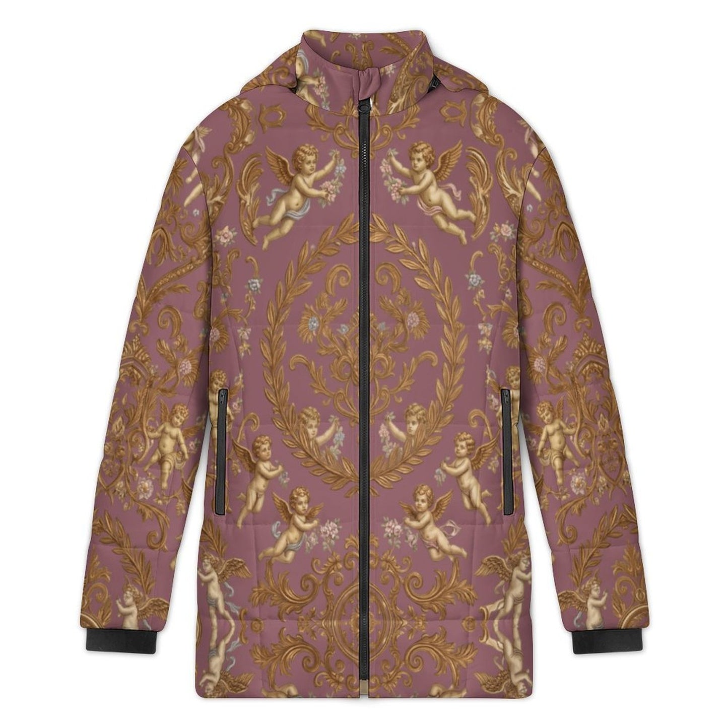 All-Over Print Women's Stand Collar Hooded Zipper Puffer Coat