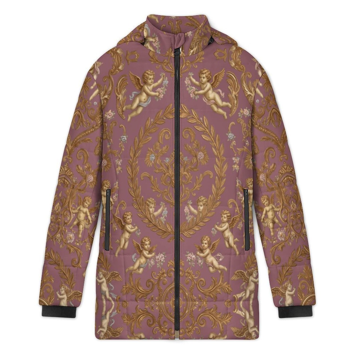 All-Over Print Women's Stand Collar Hooded Zipper Puffer Coat