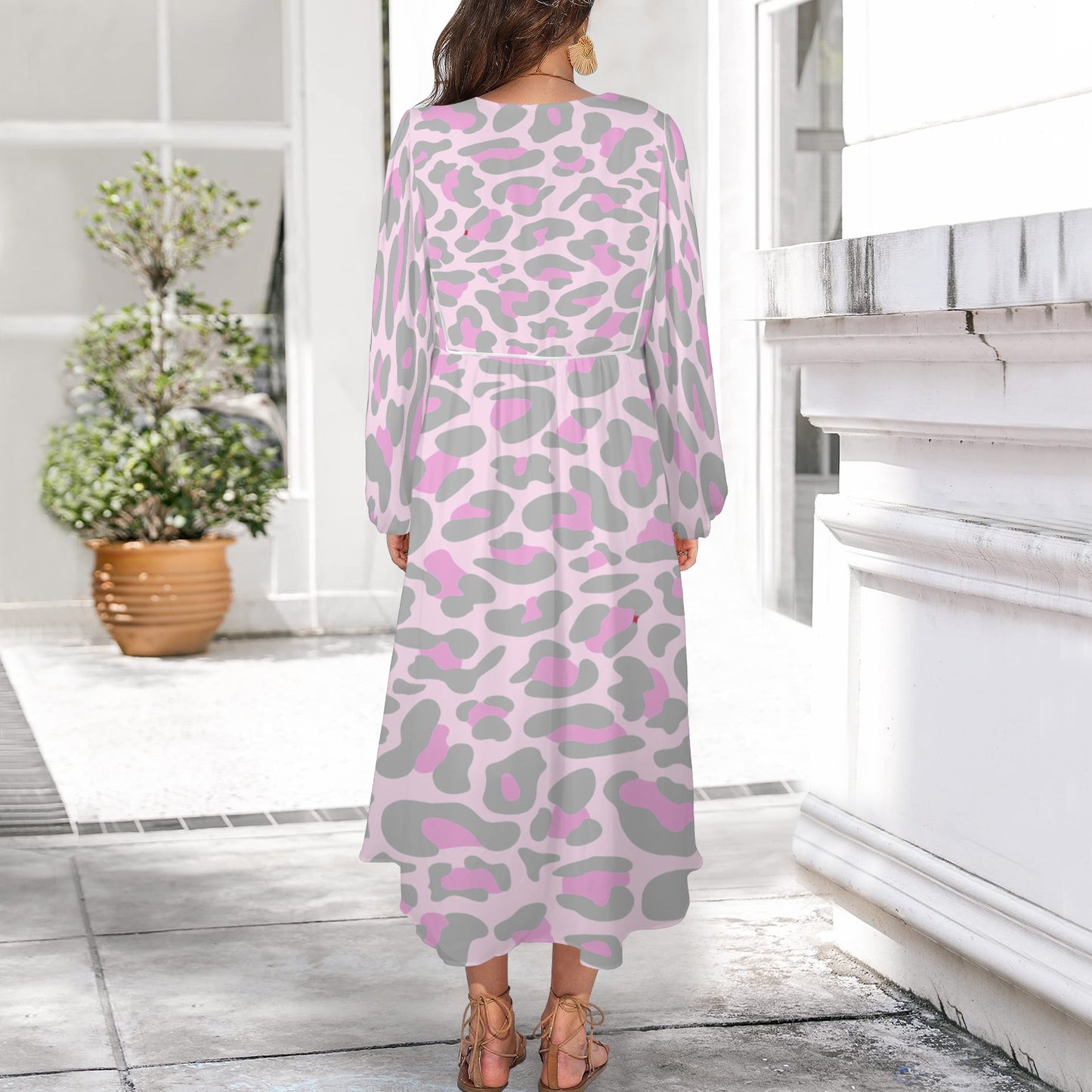Grey Pink Leopard Long Dress