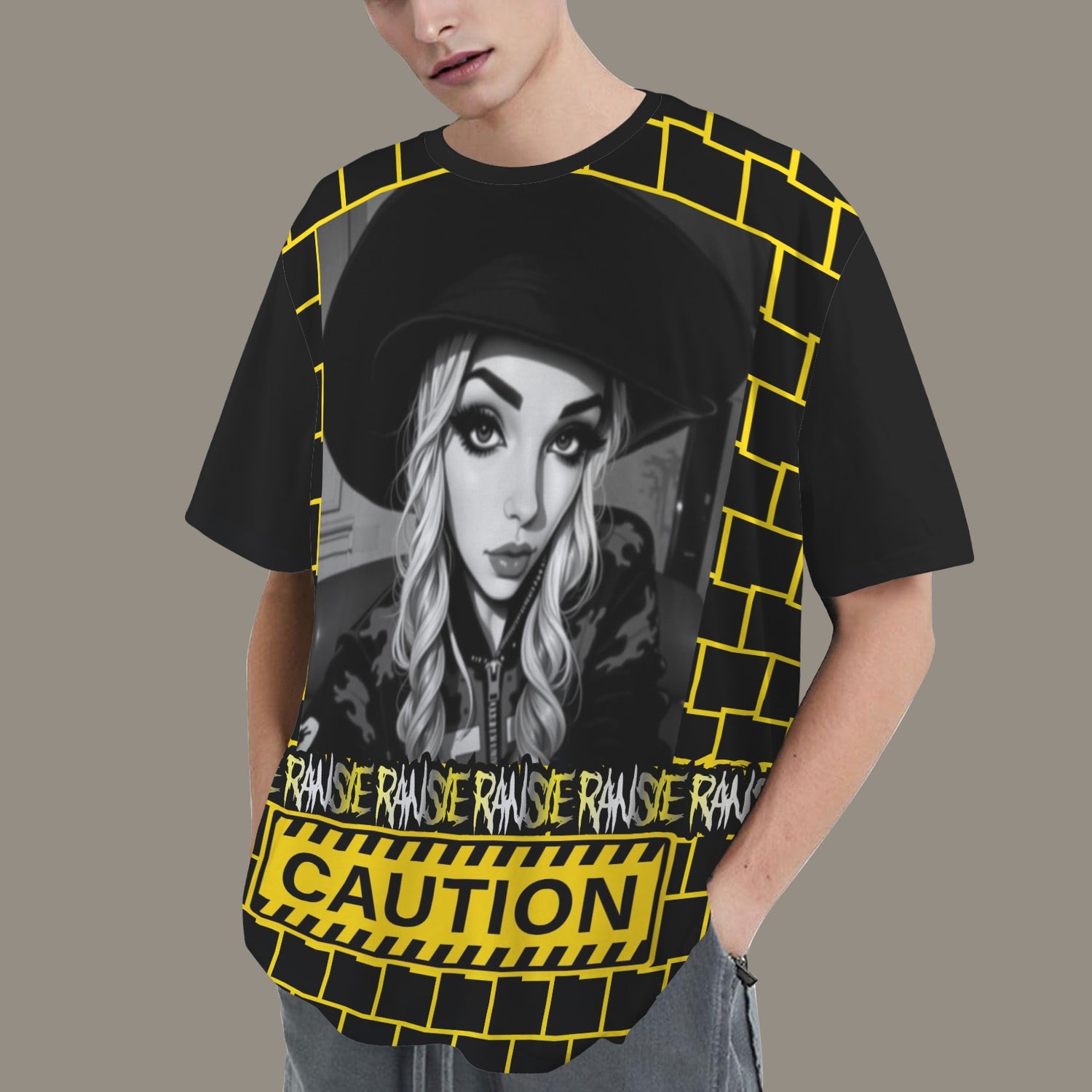 RANSIE CARTOON B/W CAUTION T-SHIRT