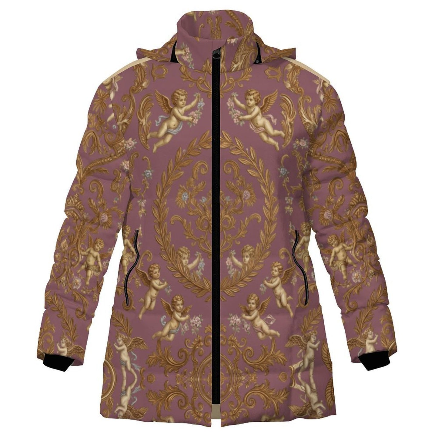 All-Over Print Women's Stand Collar Hooded Zipper Puffer Coat