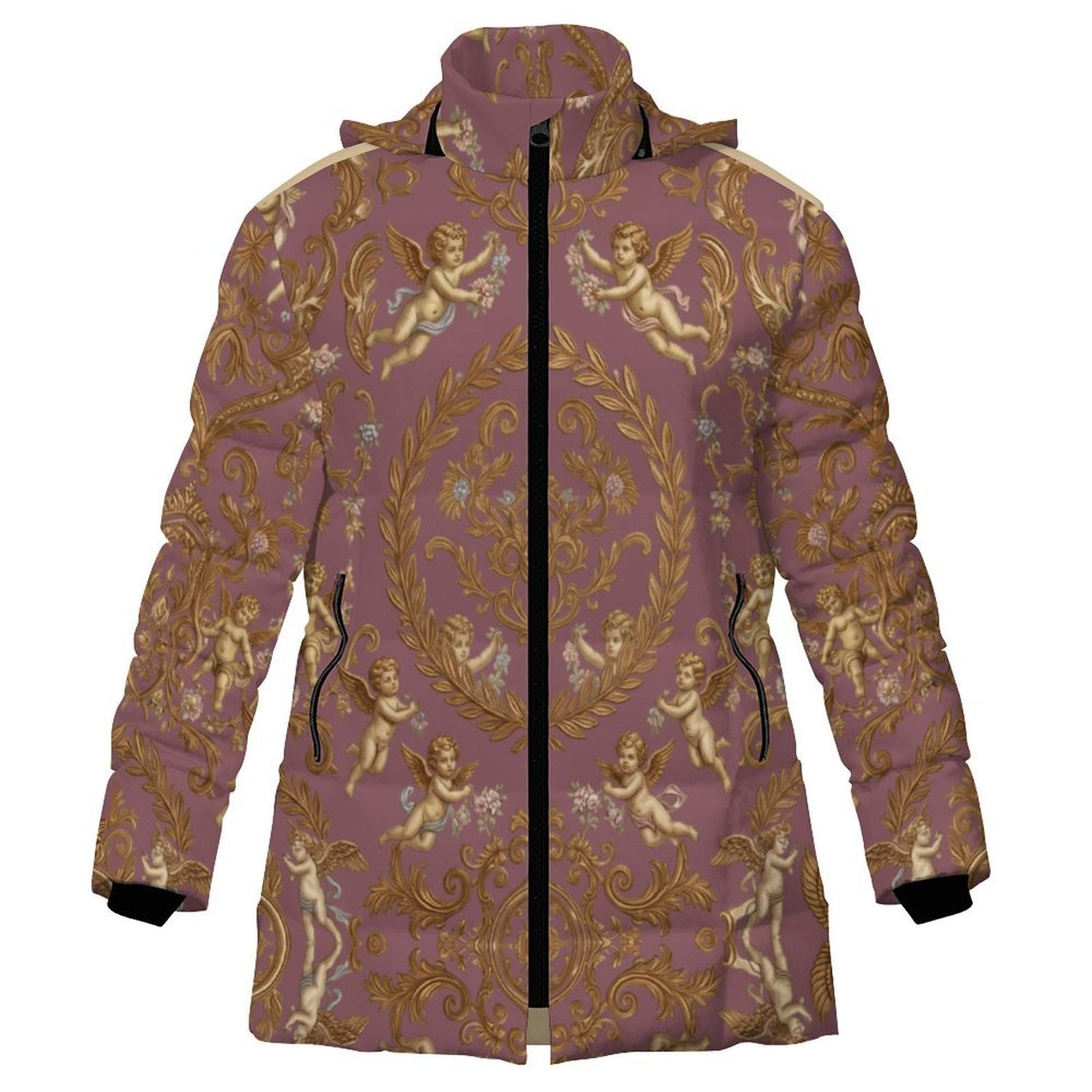 All-Over Print Women's Stand Collar Hooded Zipper Puffer Coat