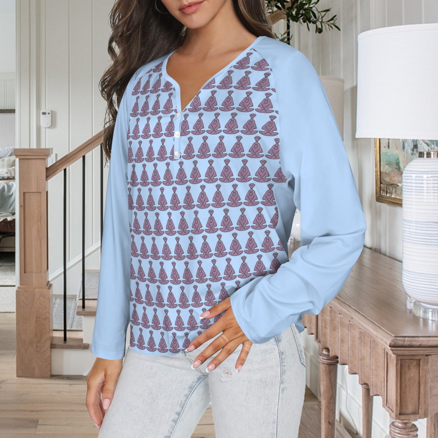 Buddha Pattern Long Sleeve Shirt Button Aziel