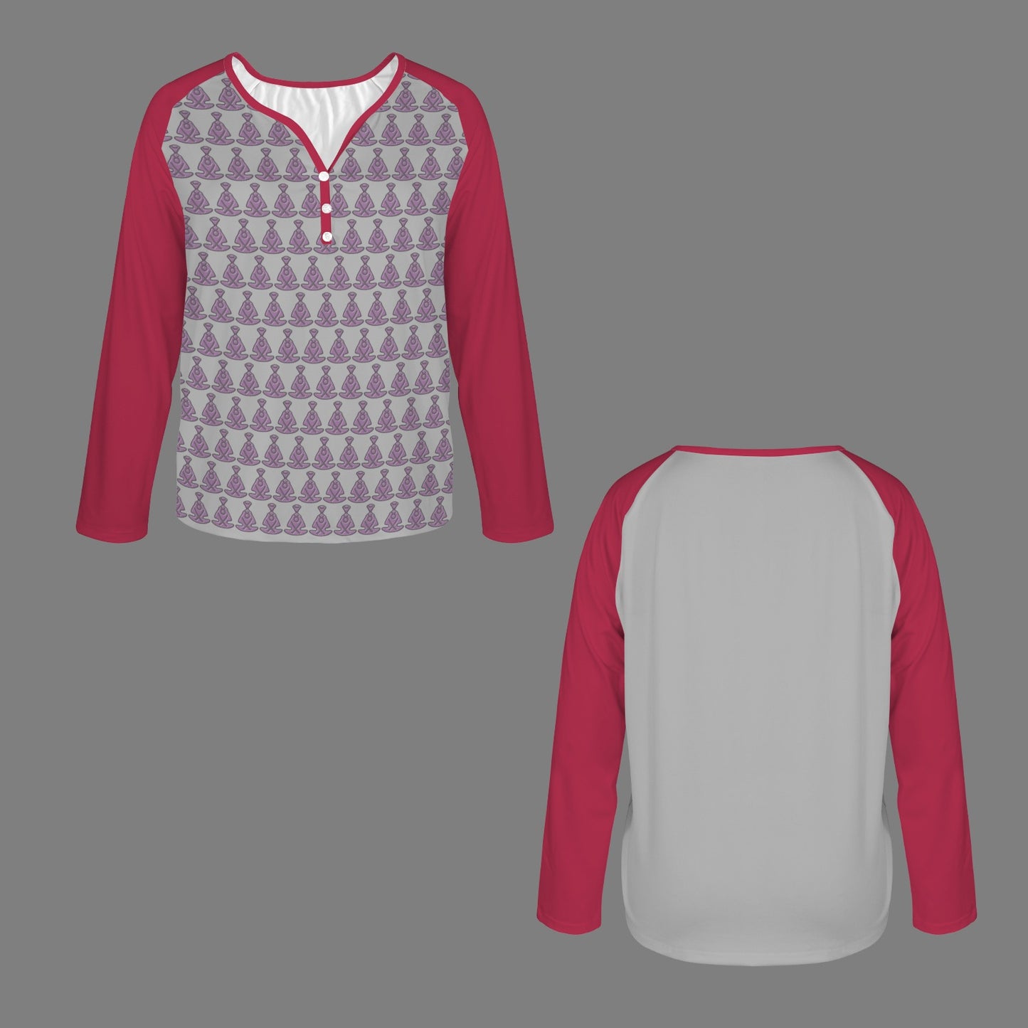 Buddha Pattern Long Sleeve Shirt Button Grey Magenta Sleeve