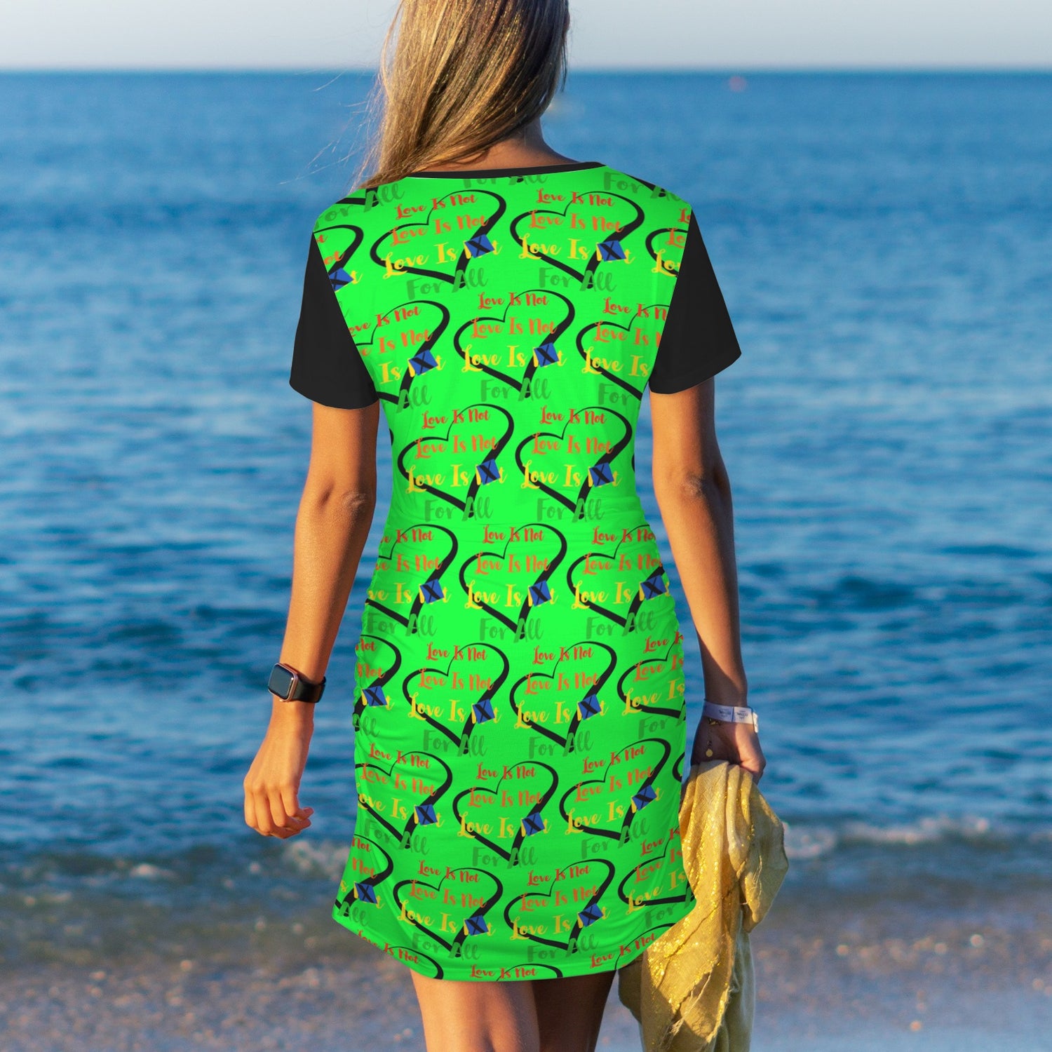 LINFA Bodycon Dress Bright Green Black Little Hearts