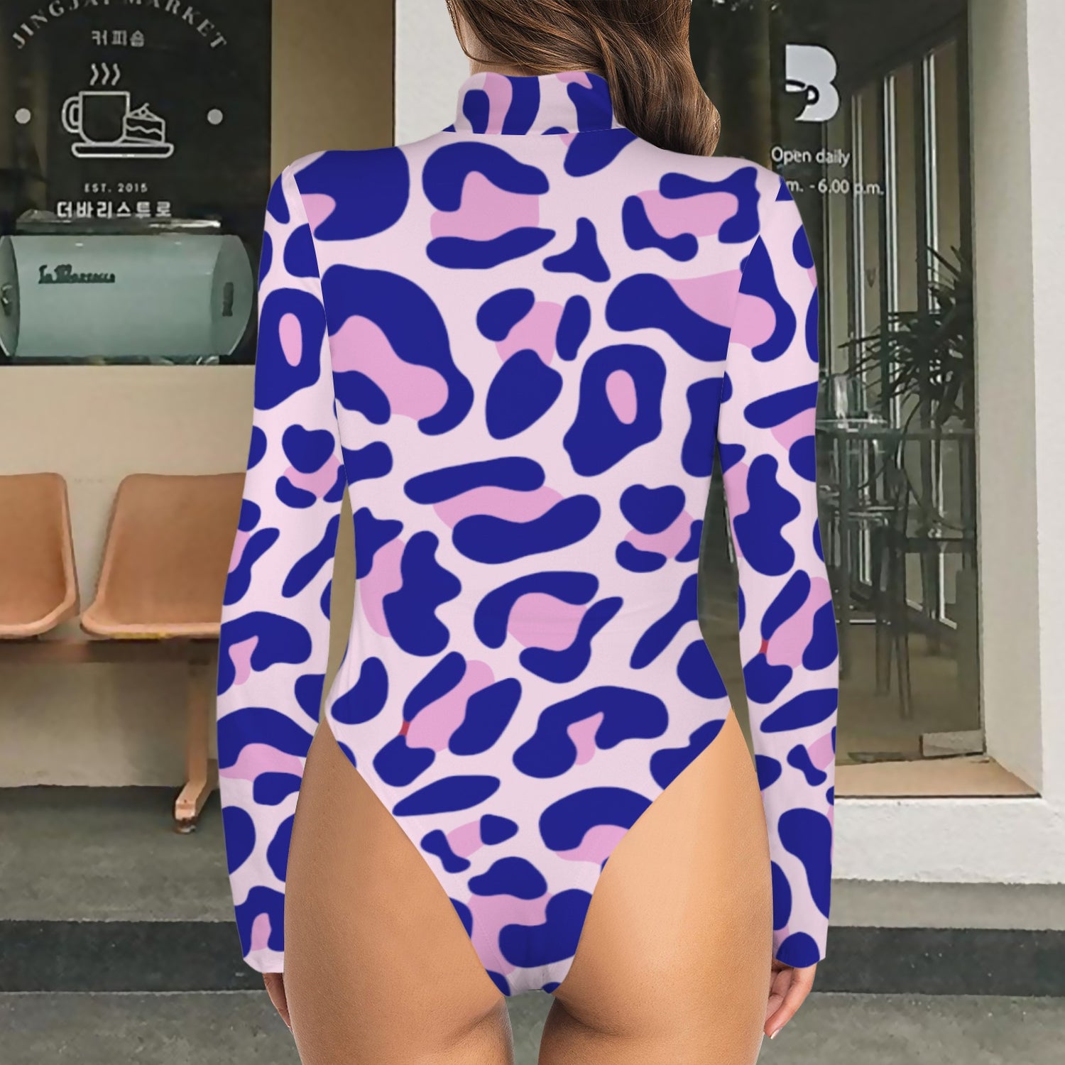 Leopard Long Sleeve Bodysuit Blue Pink