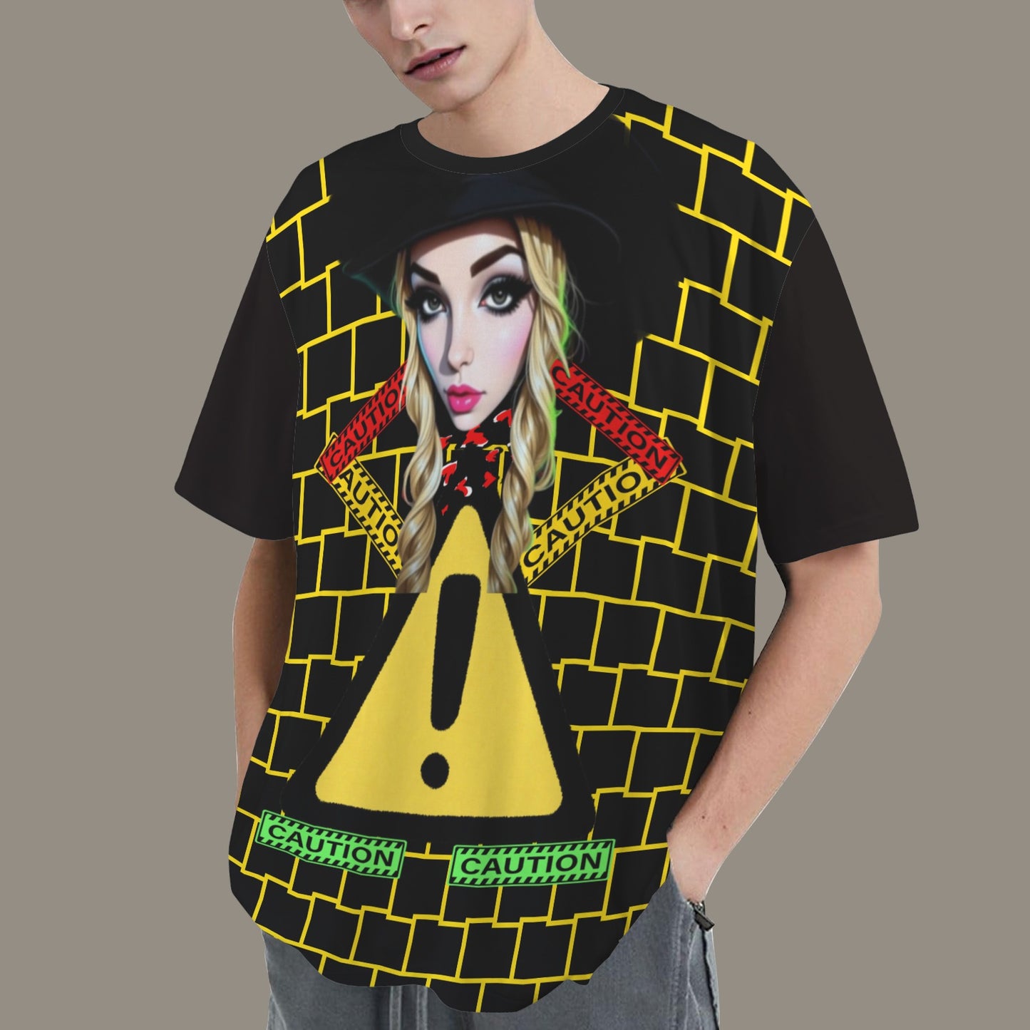 RANSIE CARTOON CAUTION T-SHIRT - YELLOW BLACK WALL