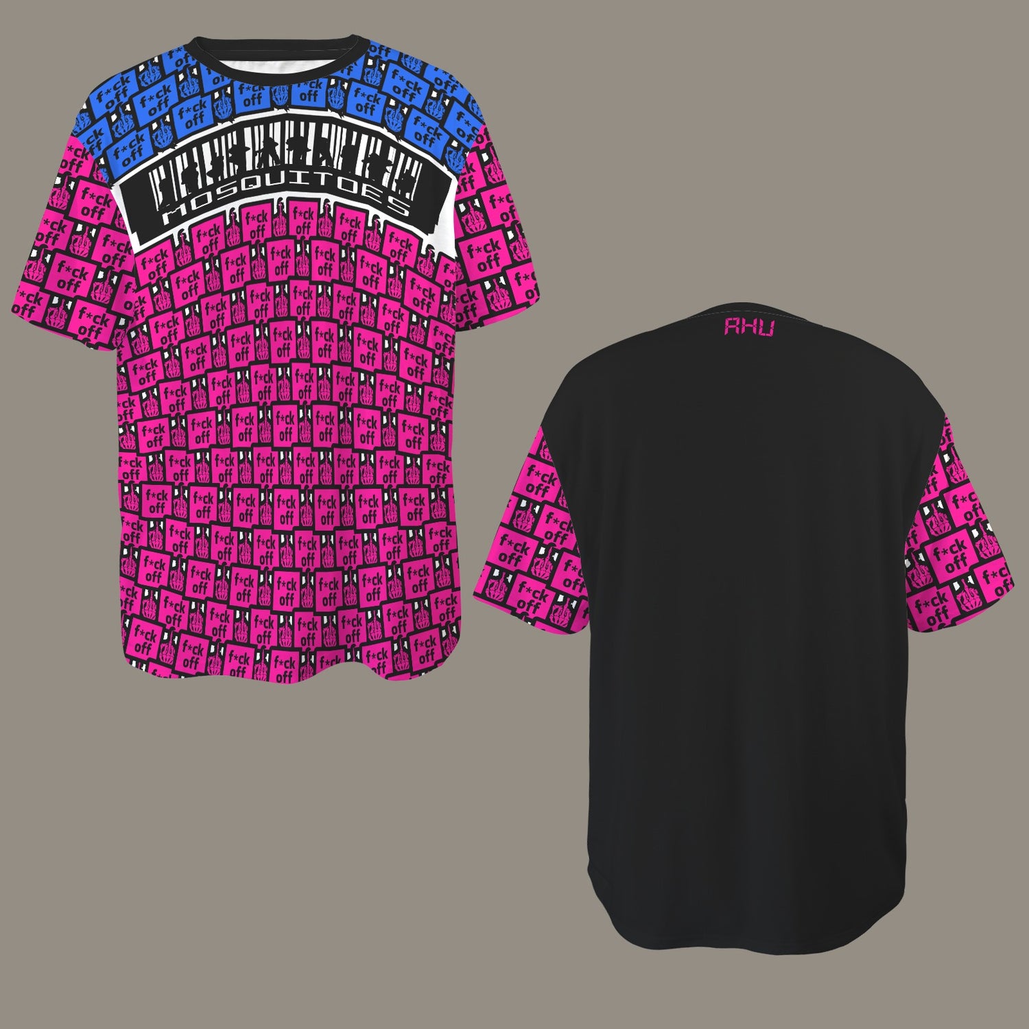 FUCK OFF MOSQUITOES PINK BLUE BLACK T-SHIRT BARCODE FRONT