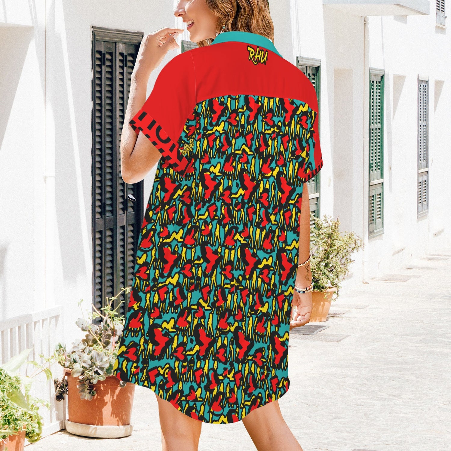 Caution Mosquitoes T Shirt Dress Verde Acqua Black Buttons