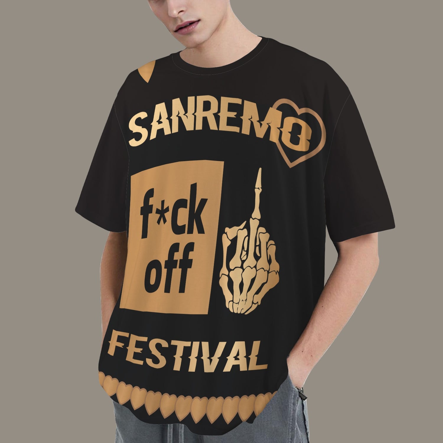 FUCK OFF HEARTS SANREMO FESTIVAL DISTRESSED T-SHIRT BLACK BROWN