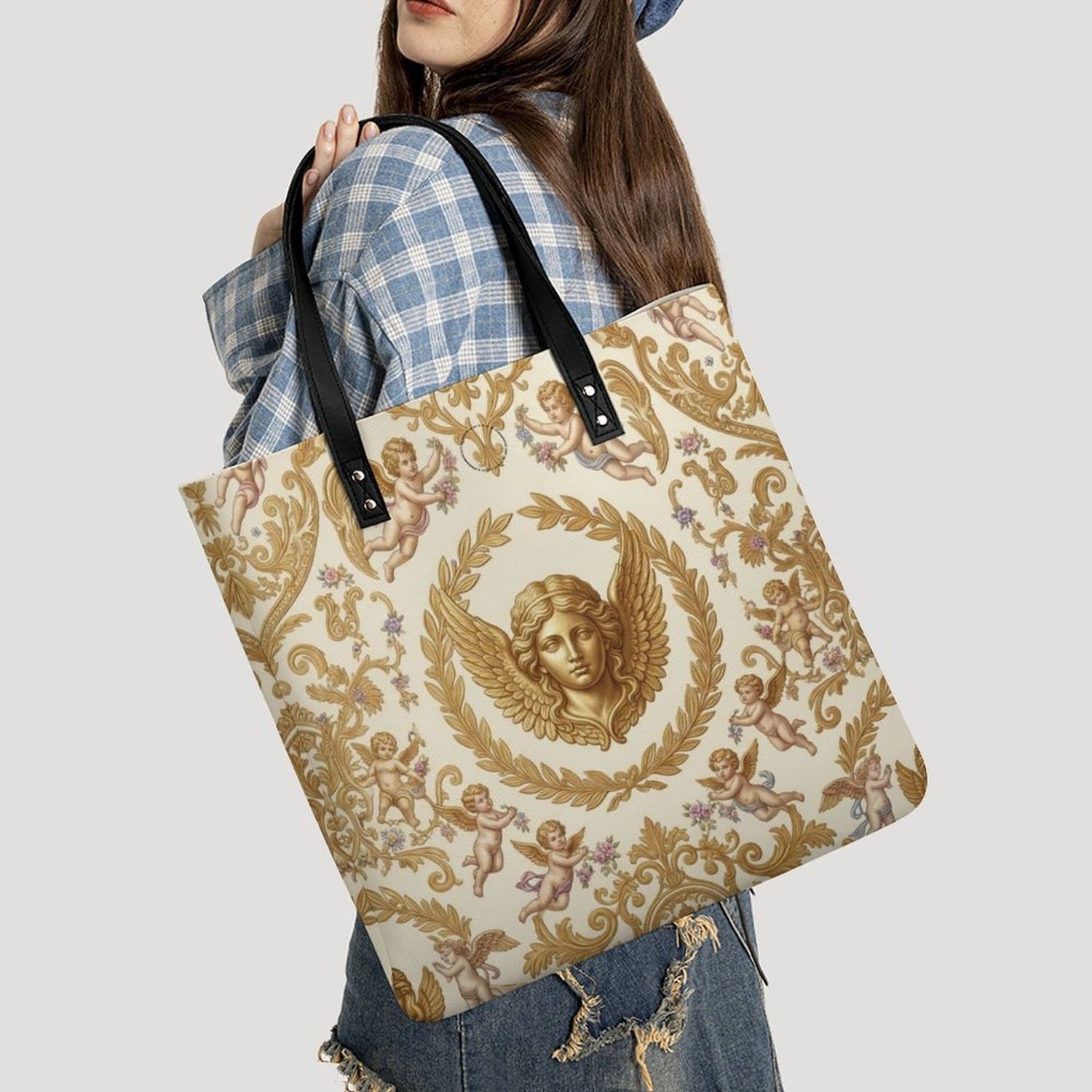 Baroque Putti Flat PU Leather Tote Bag