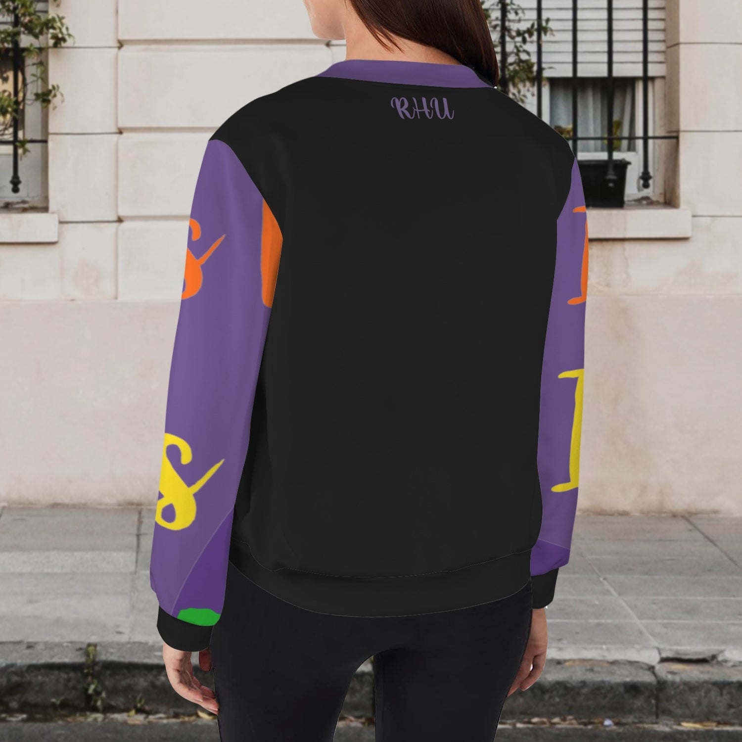 LINFA Bomber Jacket Print Front  - Black Zip Purple Sleeve