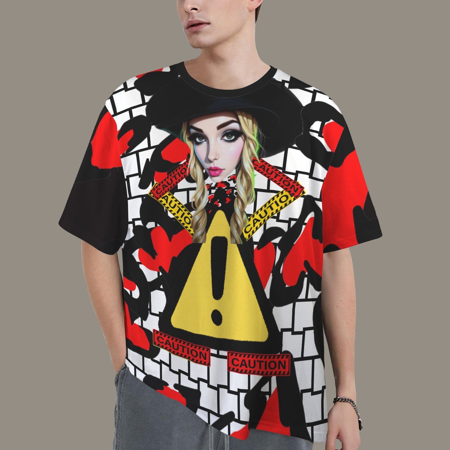 RANSIE CARTOON CAUTION  WHITE BLACK WALL HEARTS T-SHIRT