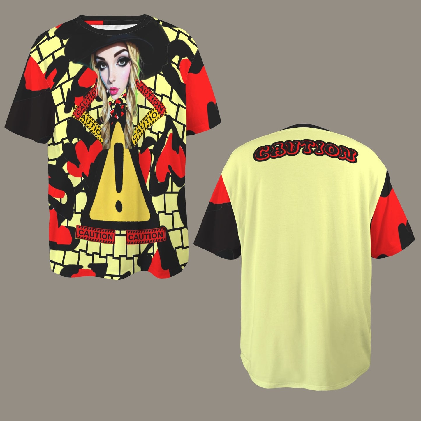 RANSIE CARTOON CAUTION  WHITE BLACK WALL HEARTS T-SHIRT