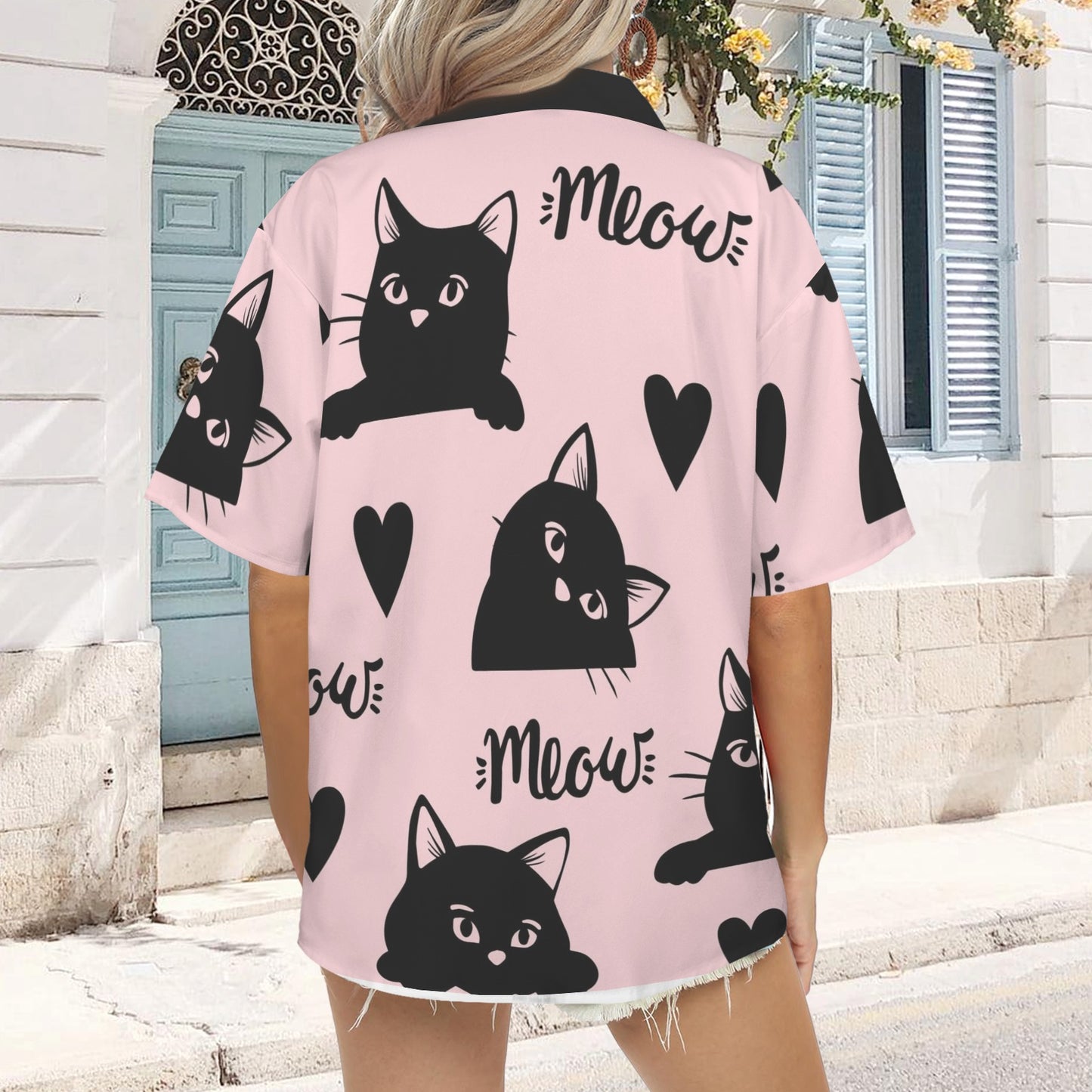 Cat & Meaw Pink Lapel Button T-Shirt