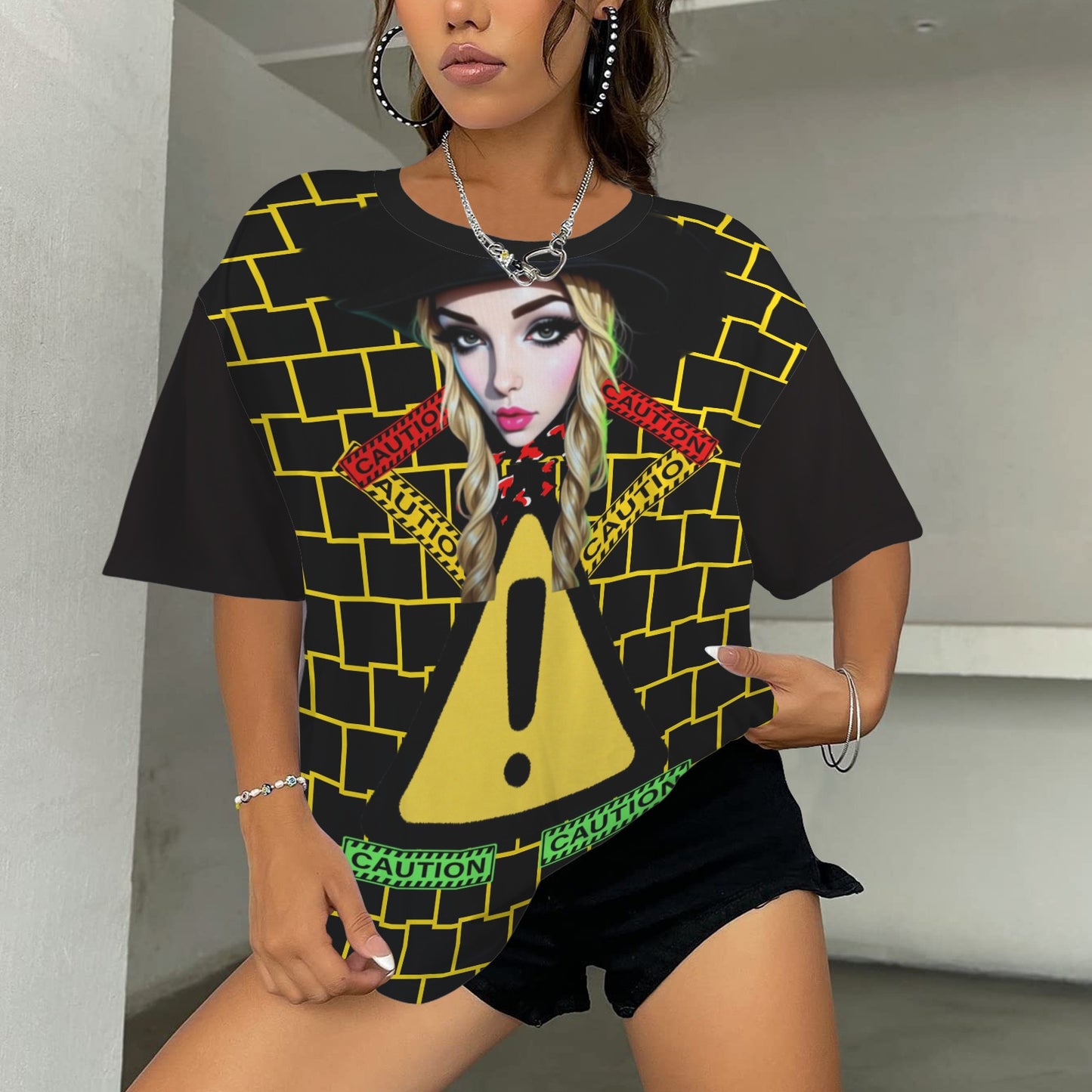 RANSIE CARTOON CAUTION T-SHIRT - YELLOW BLACK WALL