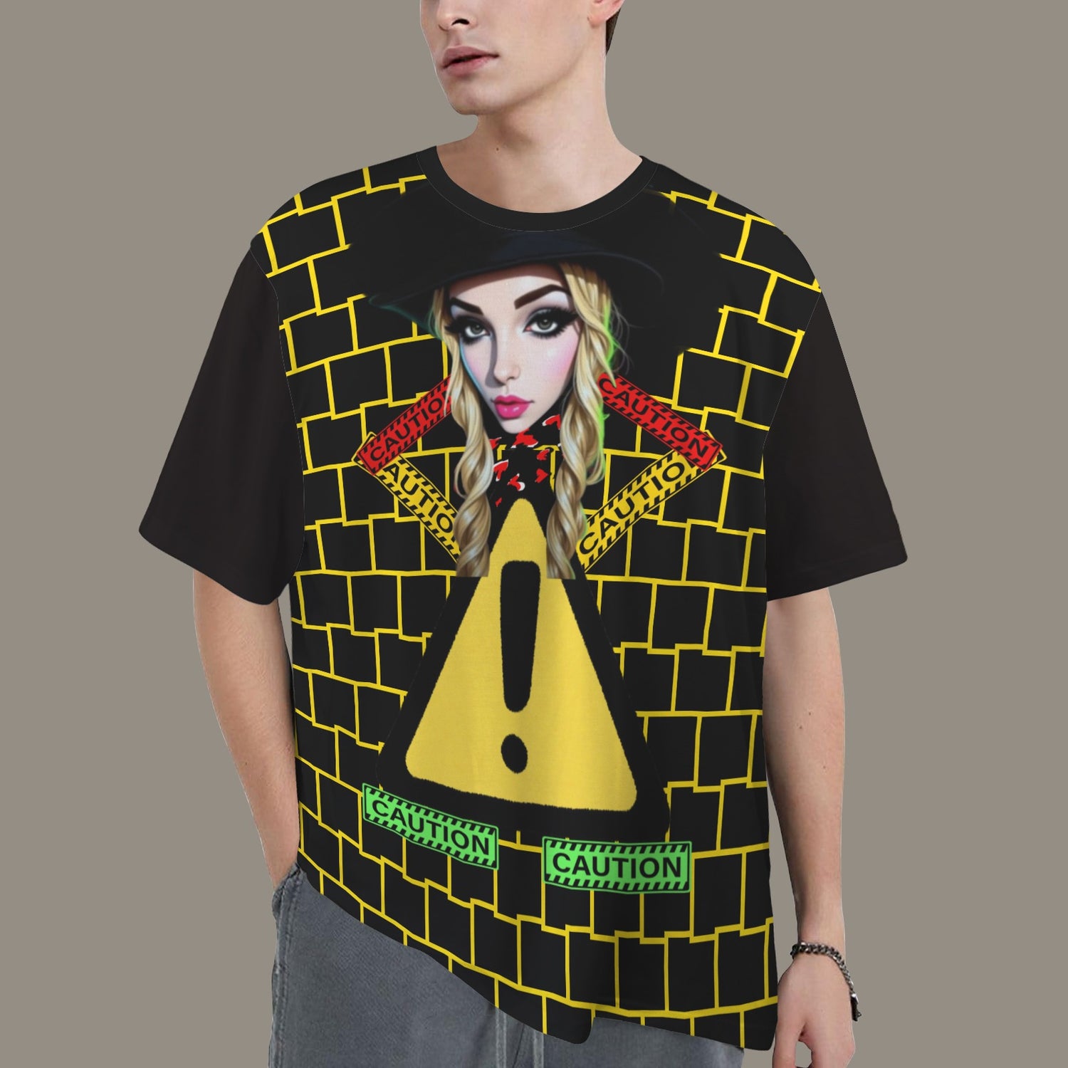 RANSIE CARTOON CAUTION T-SHIRT - YELLOW BLACK WALL