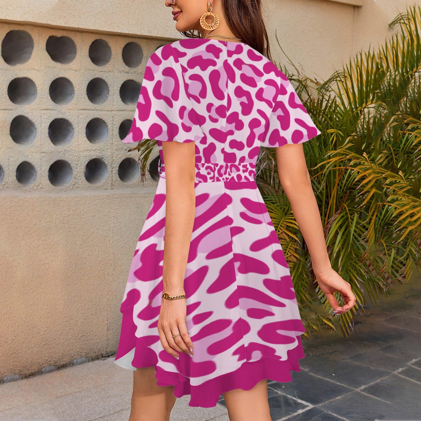 Leopard Tie V Neck Dress Dark Hot Pink Pink