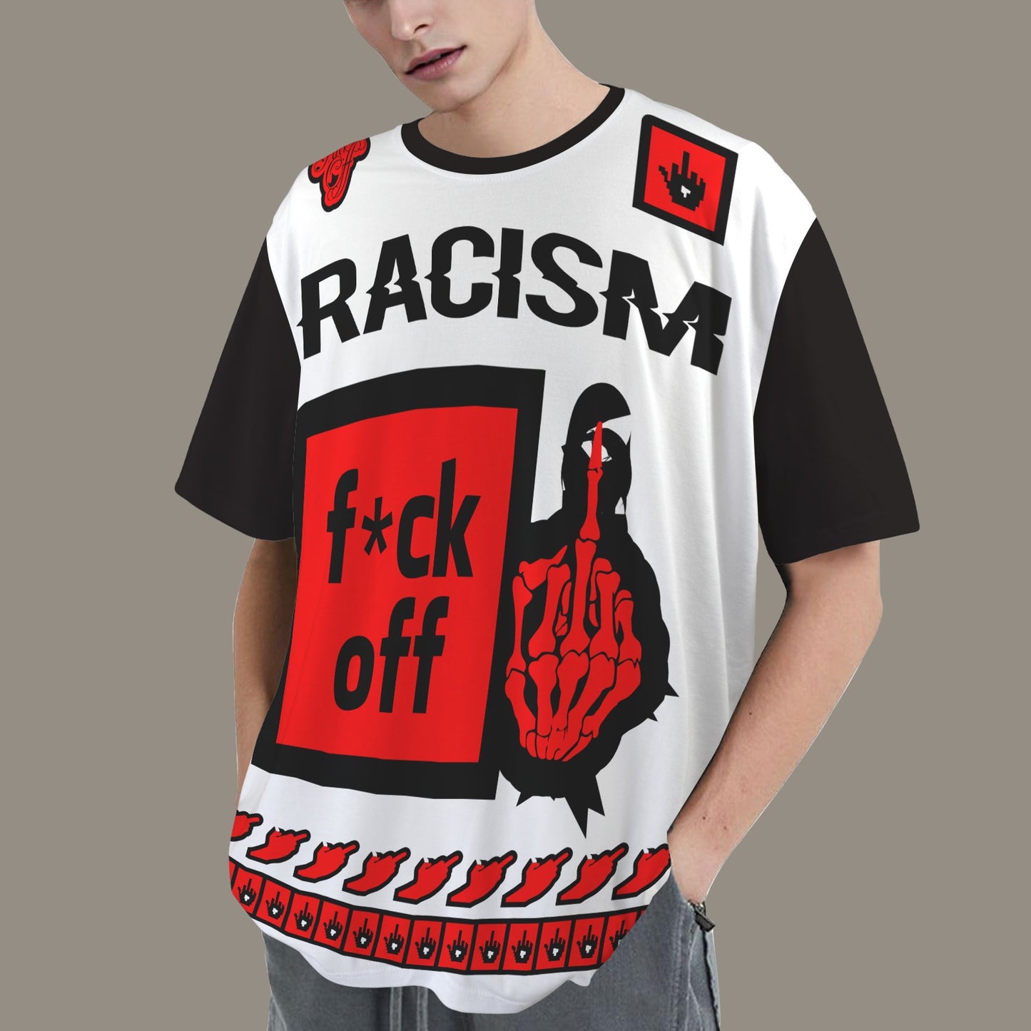 FUCK OFF RACISM DISTRESSED T-SHIRT BLACK WHITE