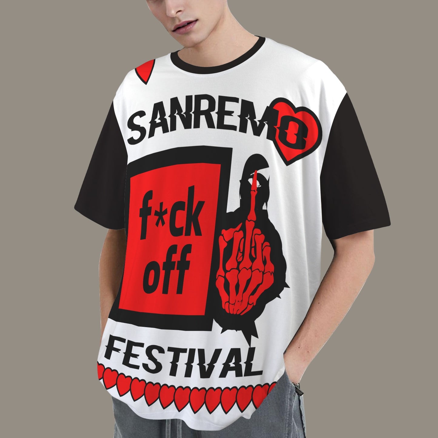FUCK OFF HEARTS SANREMO FESTIVAL DISTRESSED T-SHIRT BLACK WHITE