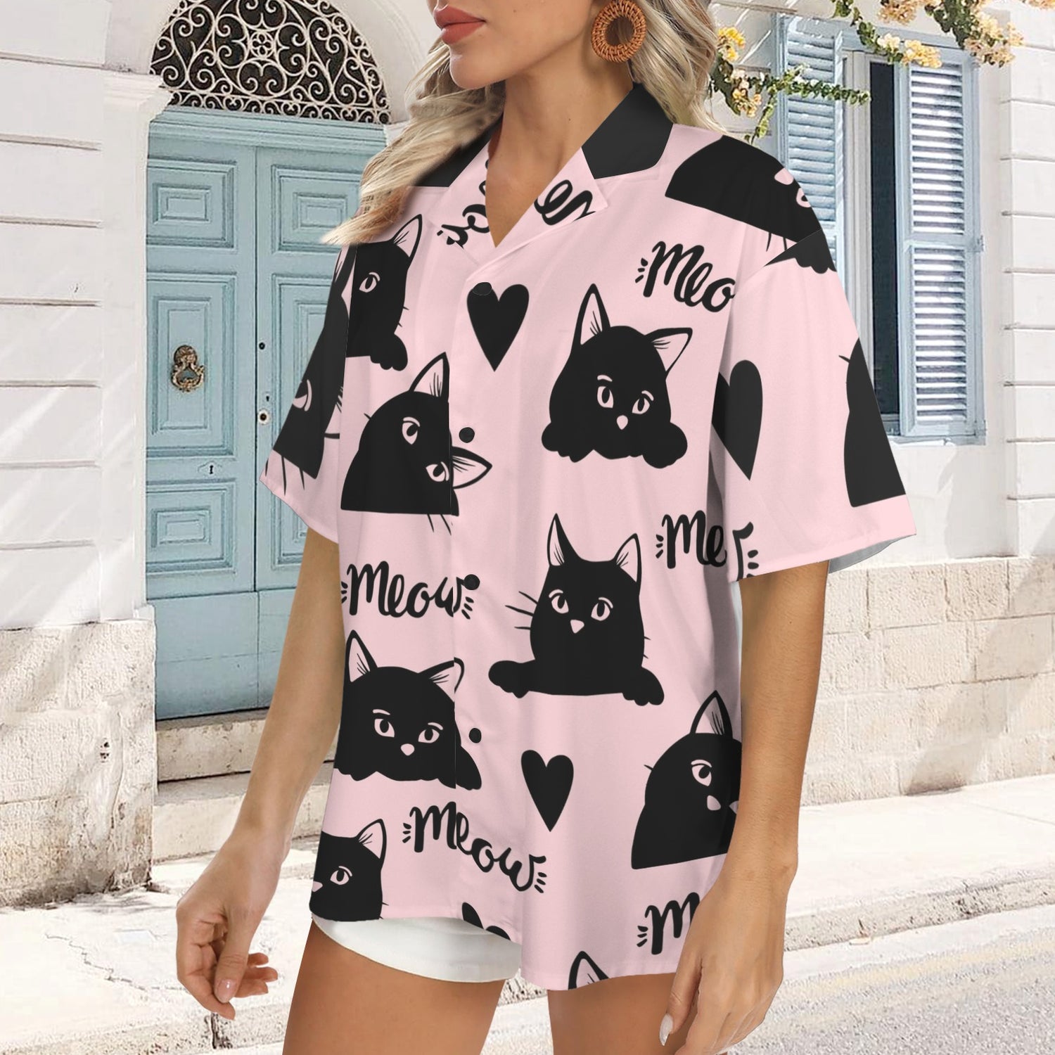 Cat & Meaw Pink Lapel Button T-Shirt