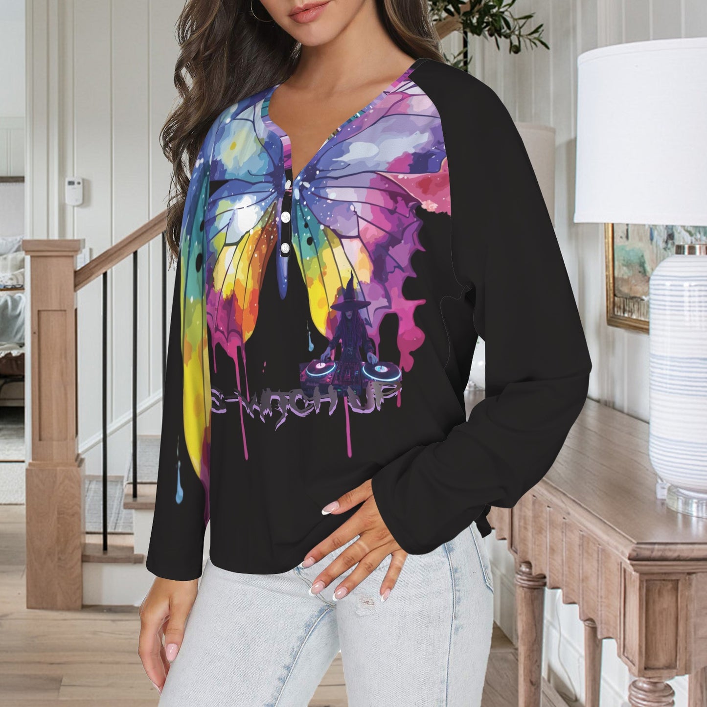LINFA Little Hearts Long Sleeve Shirt Button Black