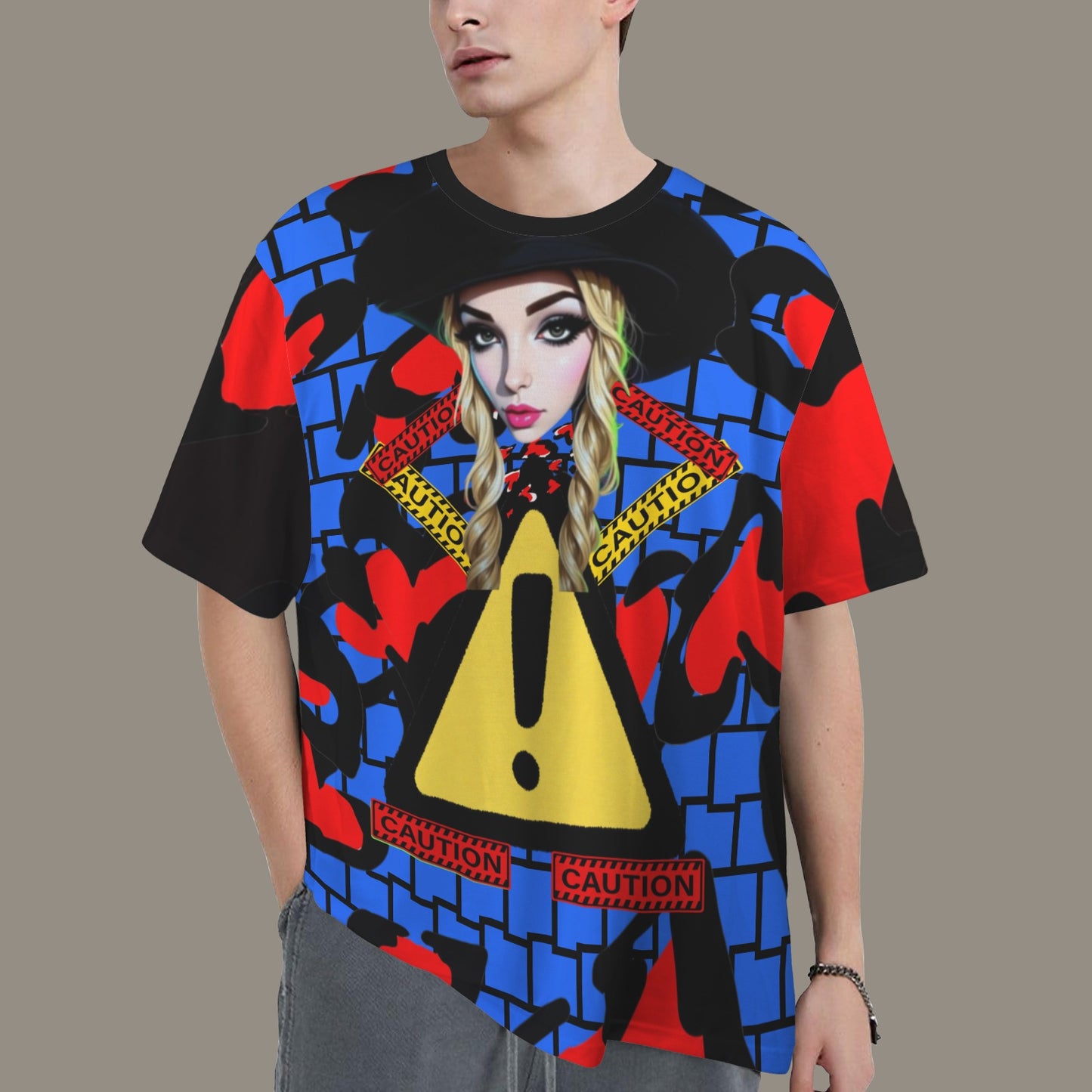 RANSIE CARTOON CAUTION  BLUE BLACK WALL  HEARTS T-SHIRT - Caution