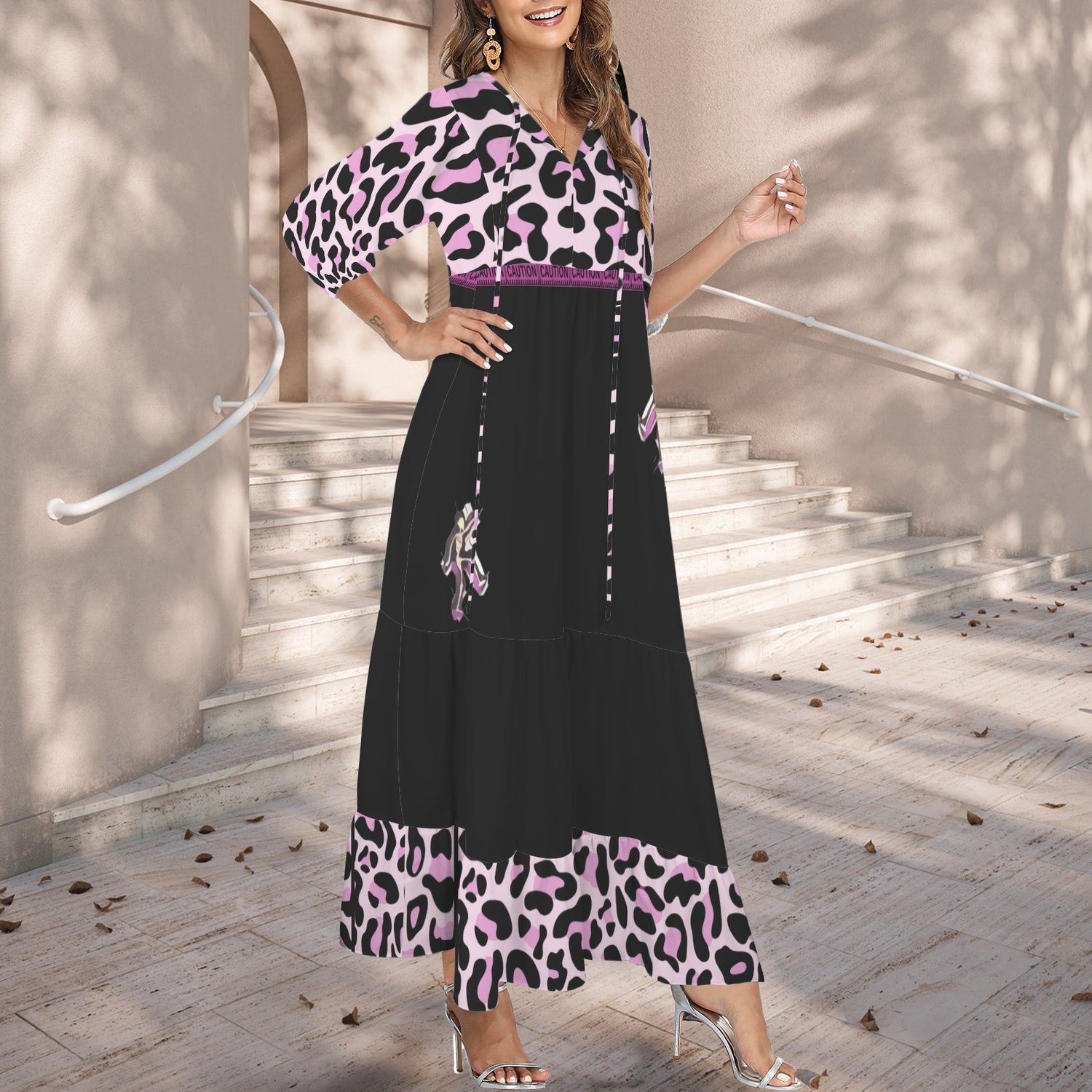 Caution Jimmy Cat Long Dress Leopard Black Pink