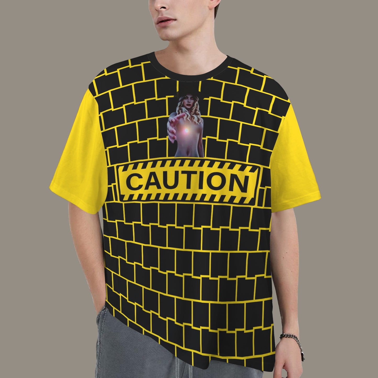 RANSIE FIGURE CAUTION T-SHIRT- YELLOW SLEEVE