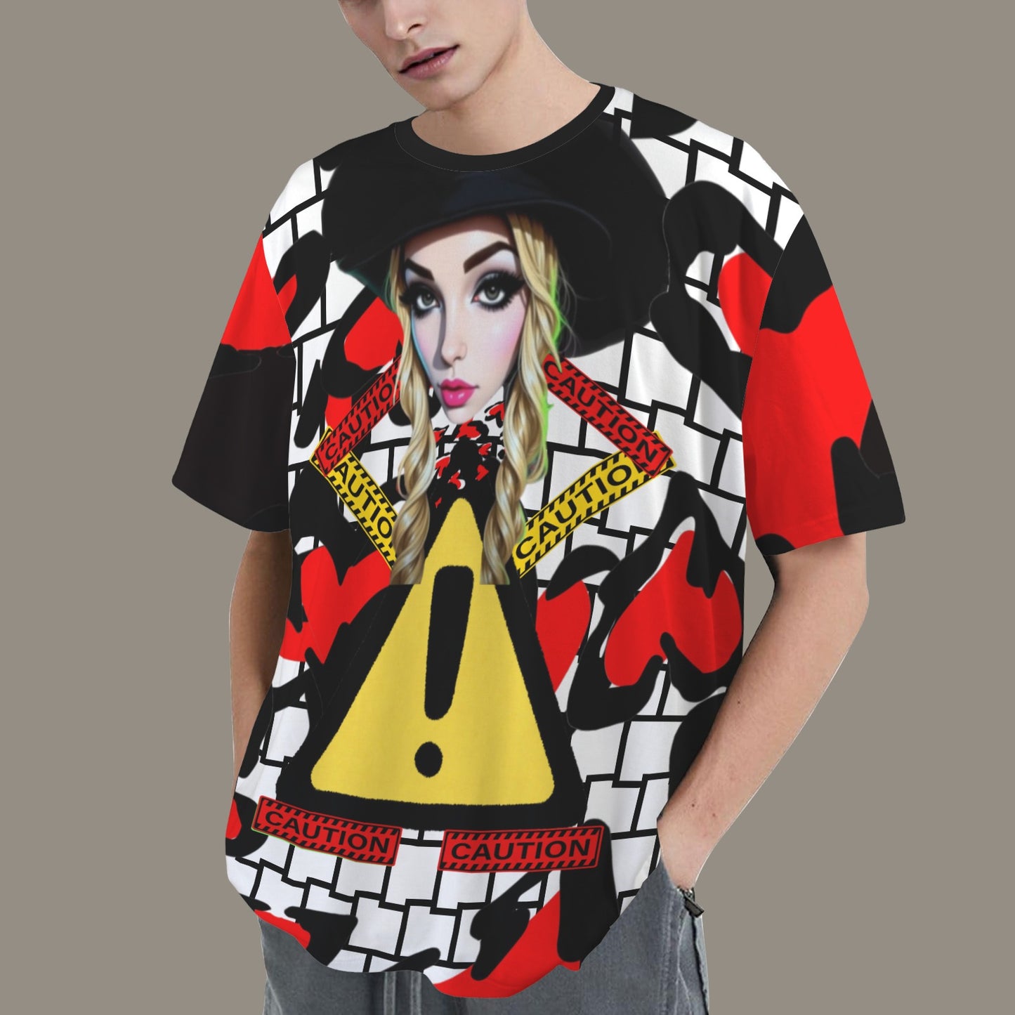 RANSIE CARTOON CAUTION  WHITE BLACK WALL HEARTS T-SHIRT