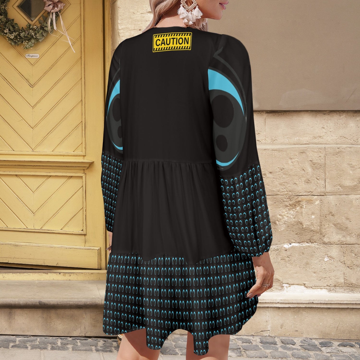 CAUTION Blue Eyes Boho Dress Black