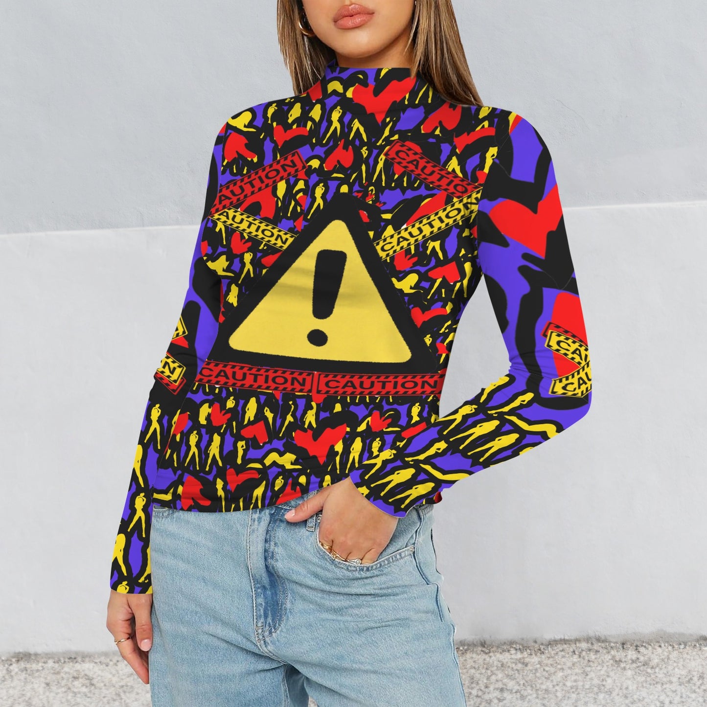 CAUTION Long Sleeve Turtleneck Shirt Blue Black Hearts Mosquitoes