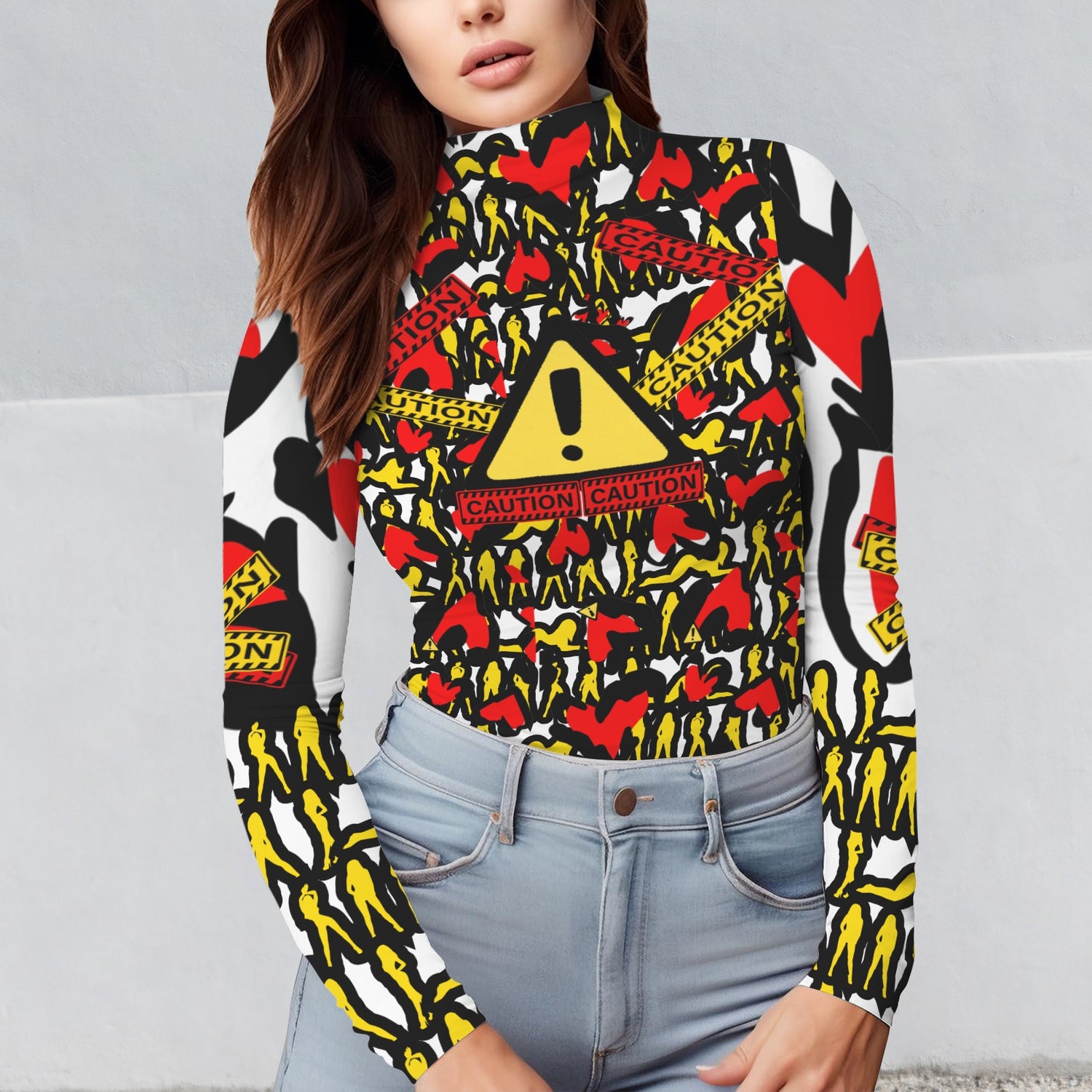 CAUTION Long Sleeve Turtleneck Shirt White Hearts Mosquitoes Small SIGN