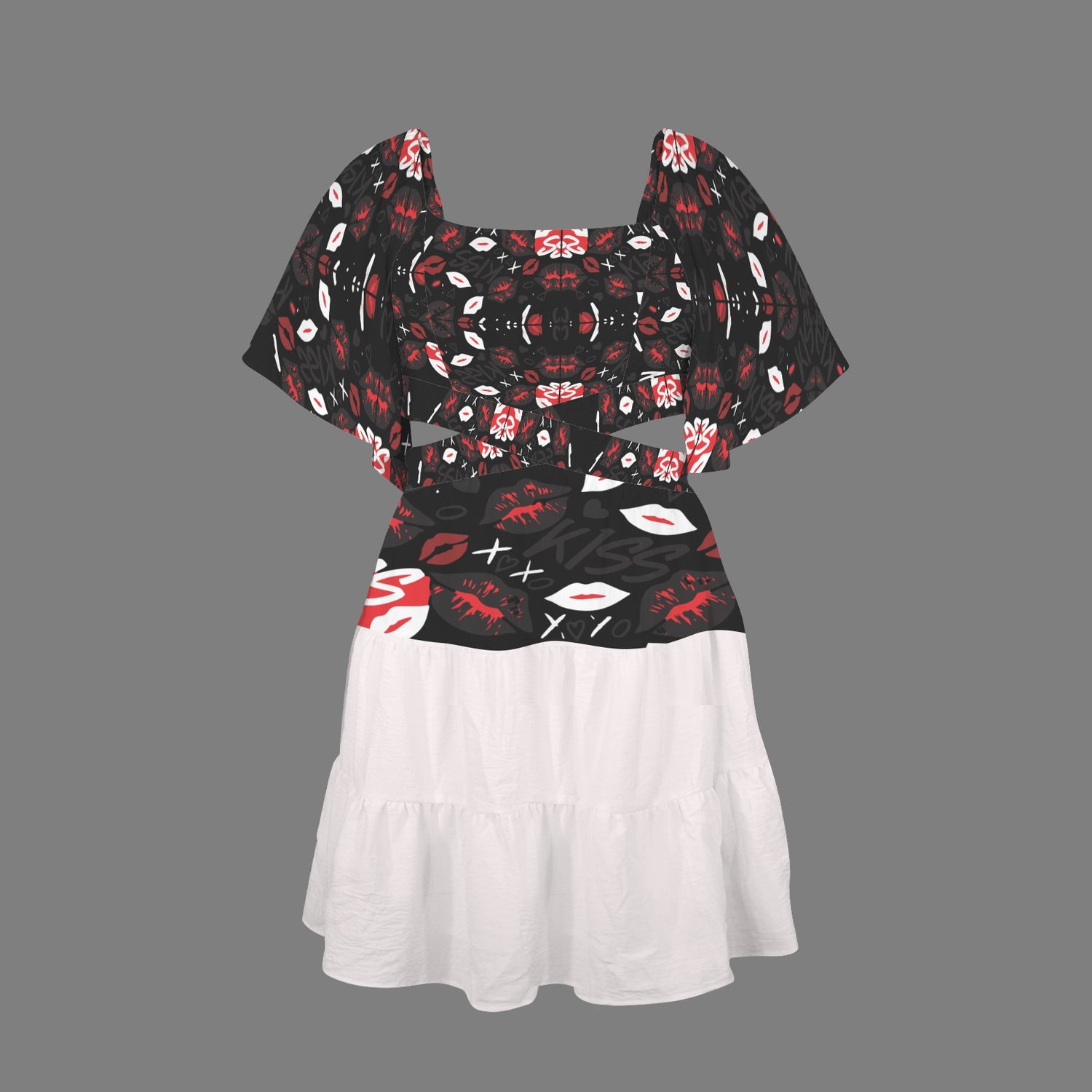 Cross Waist Dress Mouths Black White