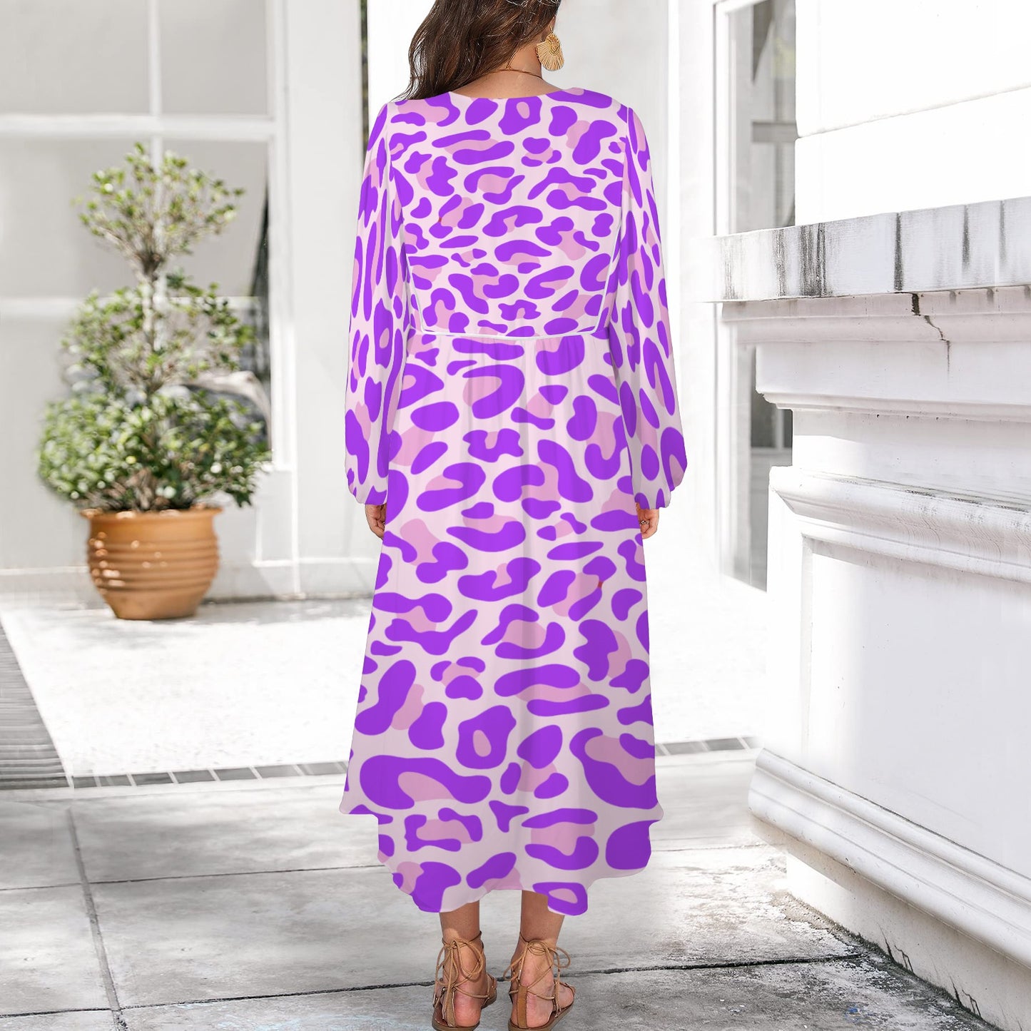 Bright Violet Pink Leopard Long Dress