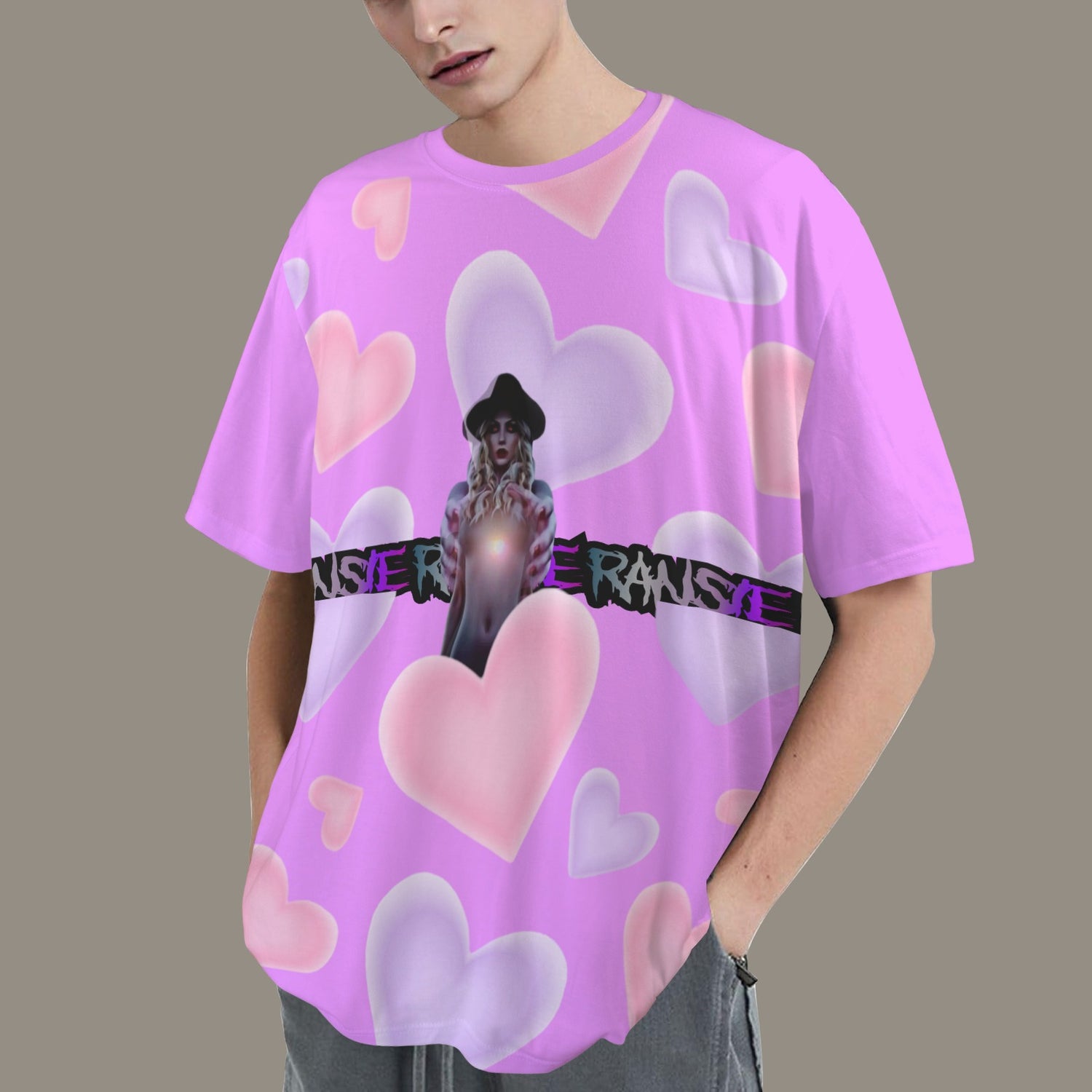 RANSIE IN NEVERLAND FIGURE HEARTS  T-SHIRT GLICINE- DISTRESSED NEEVRLAND