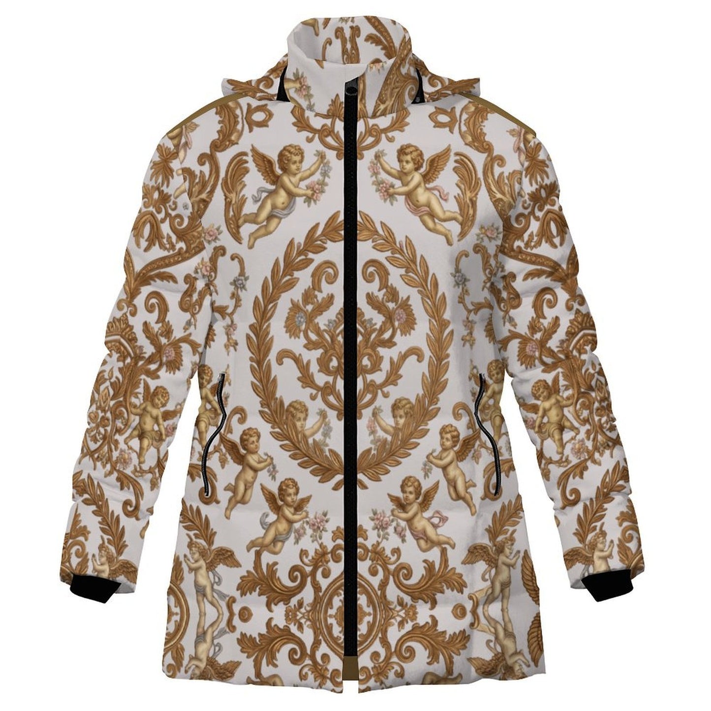All-Over Print Women's Stand Collar Hooded Zipper Puffer Coat