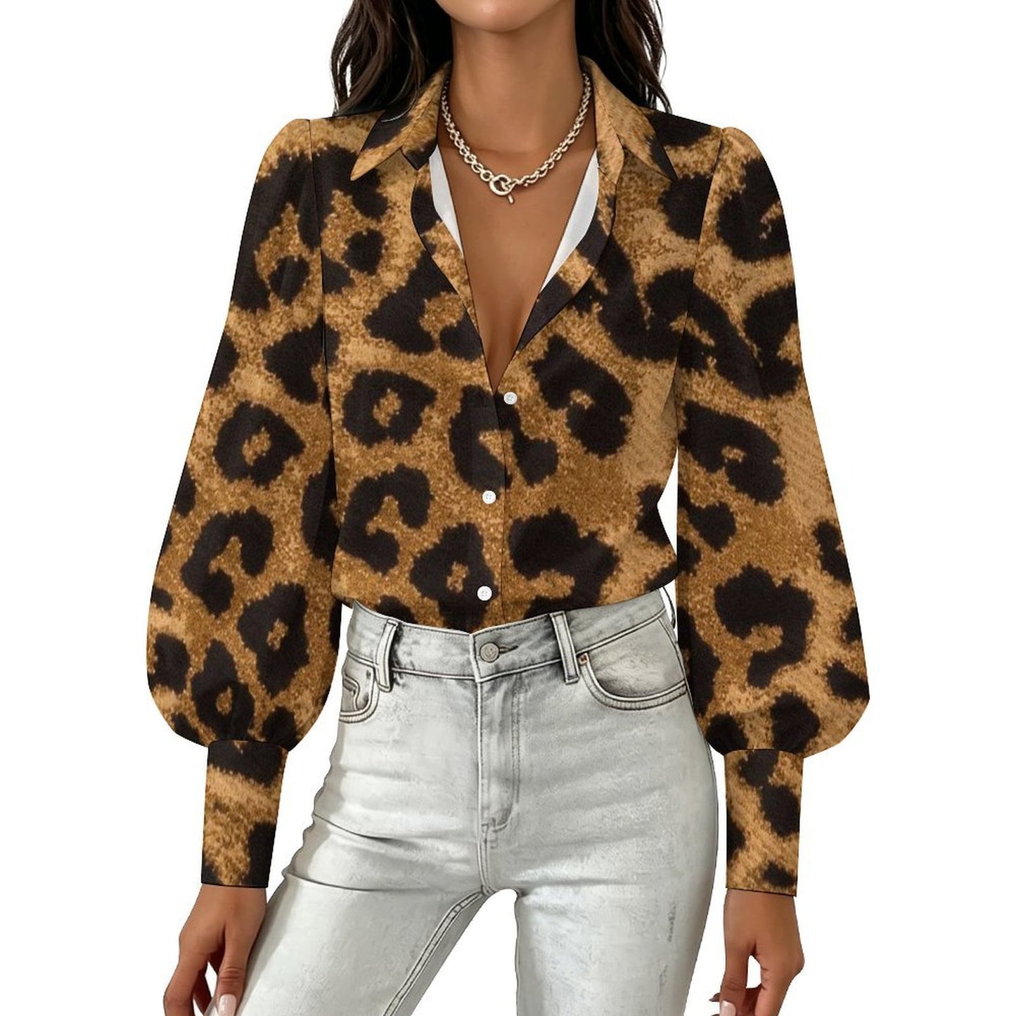 Custom Women Lapel Puff Sleeve Button Casual Blouse Shirt
