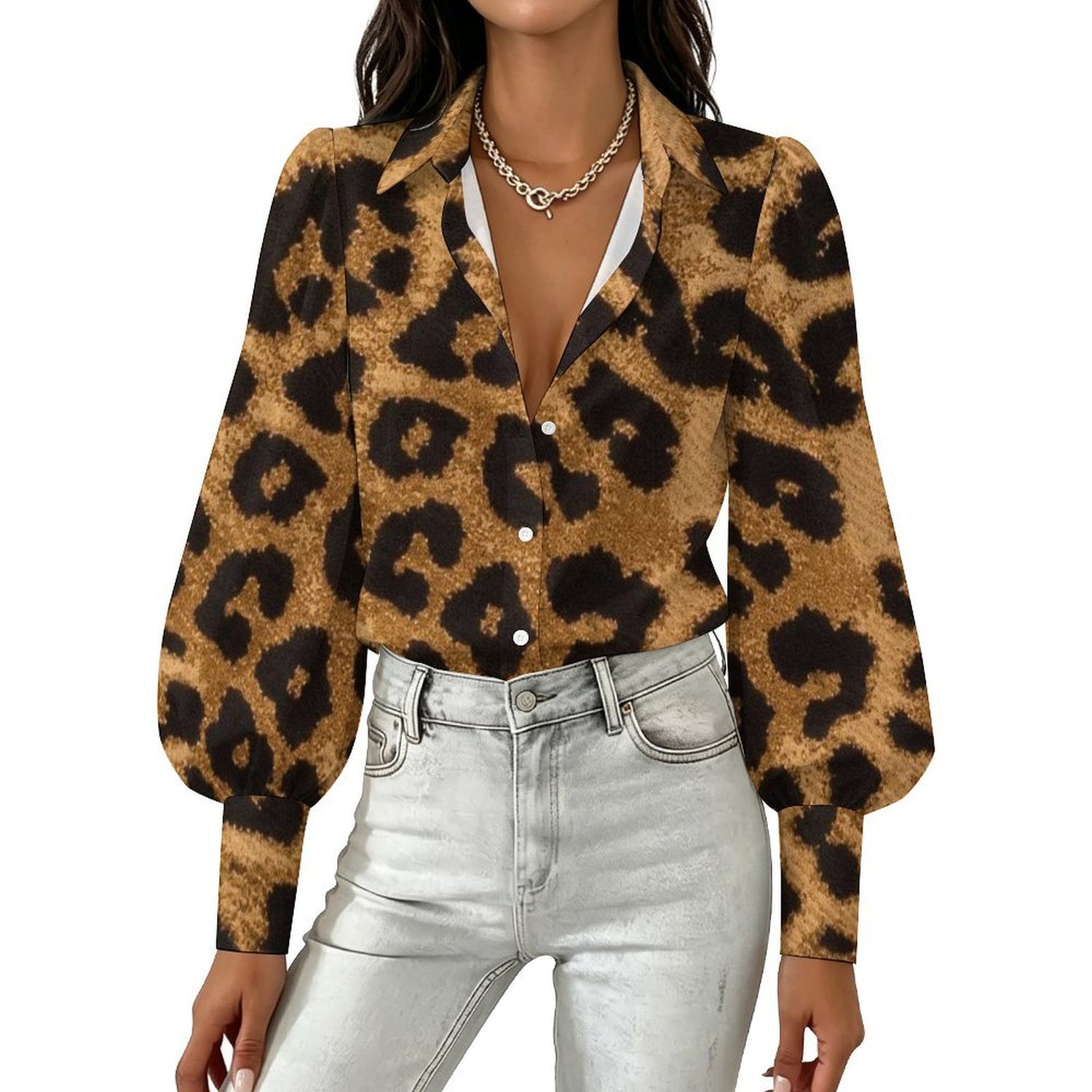 Custom Women Lapel Puff Sleeve Button Casual Blouse Shirt