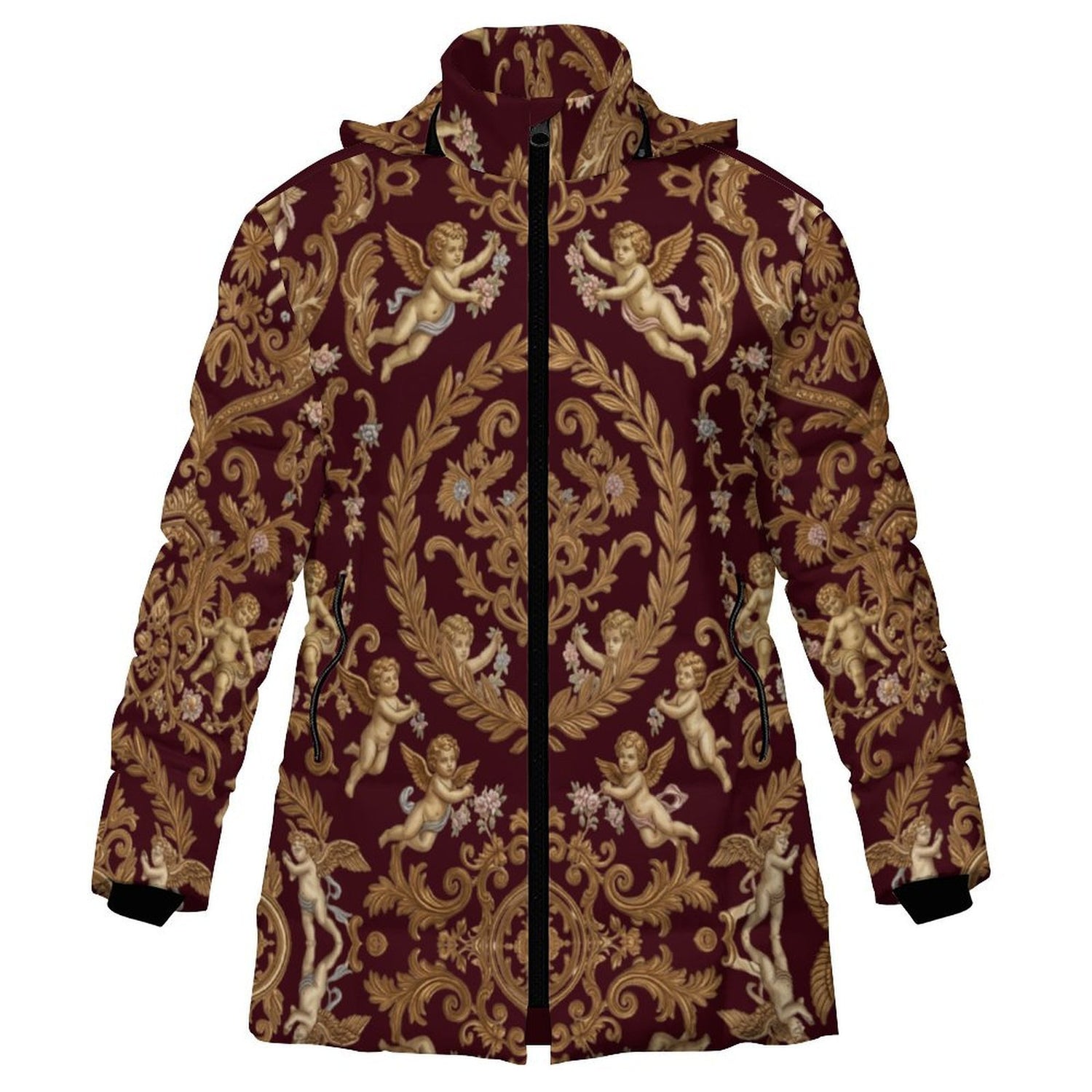 All-Over Print Women's Stand Collar Hooded Zipper Puffer Coat