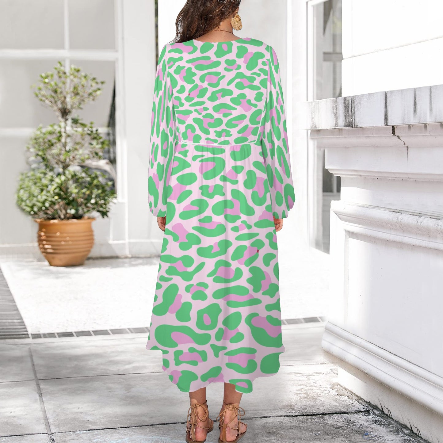 Green Pink Leopard Long Dress