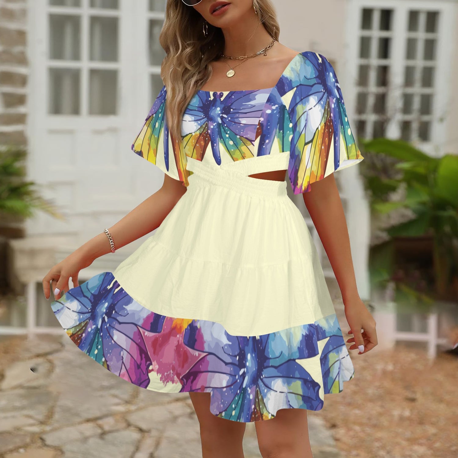 Cross Waist Dress Butterfly Pale Yellow